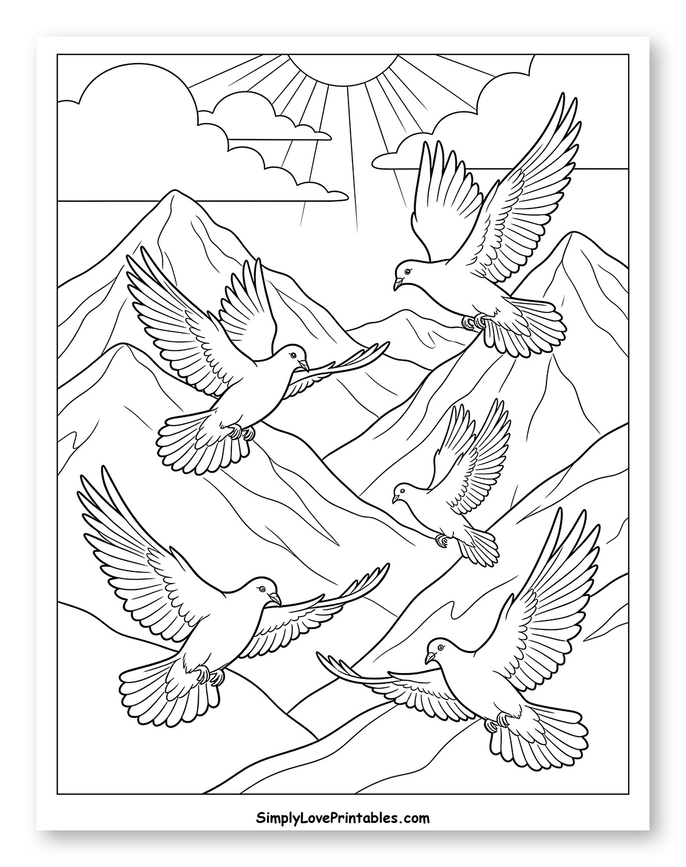 Peaceful Doves Flying in Mountain Sky