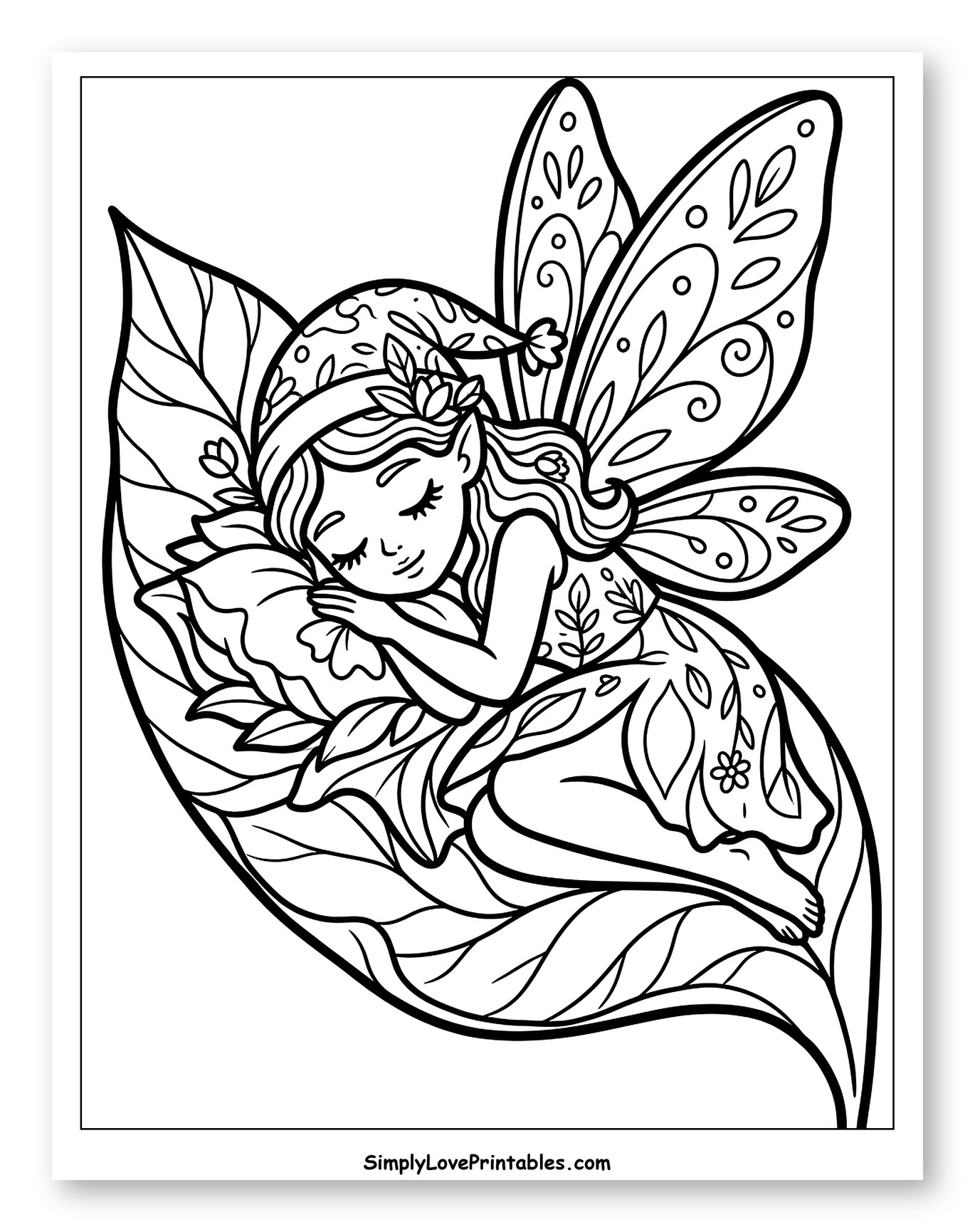 Peaceful Fairy Asleep on a Giant Leaf Coloring Sheet for Toddlers