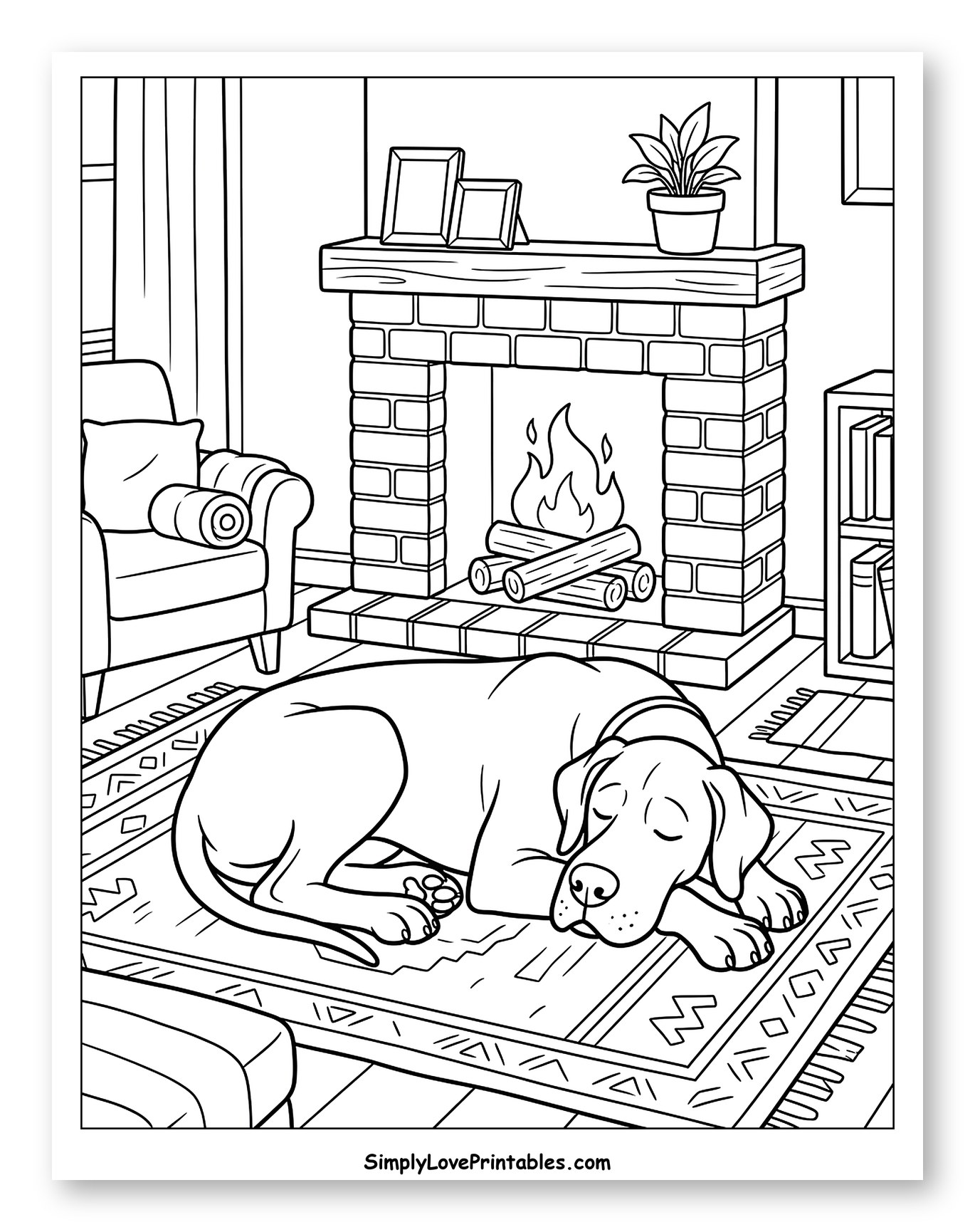Peaceful Great Dane by a Warm Fire Coloring Page for Kids