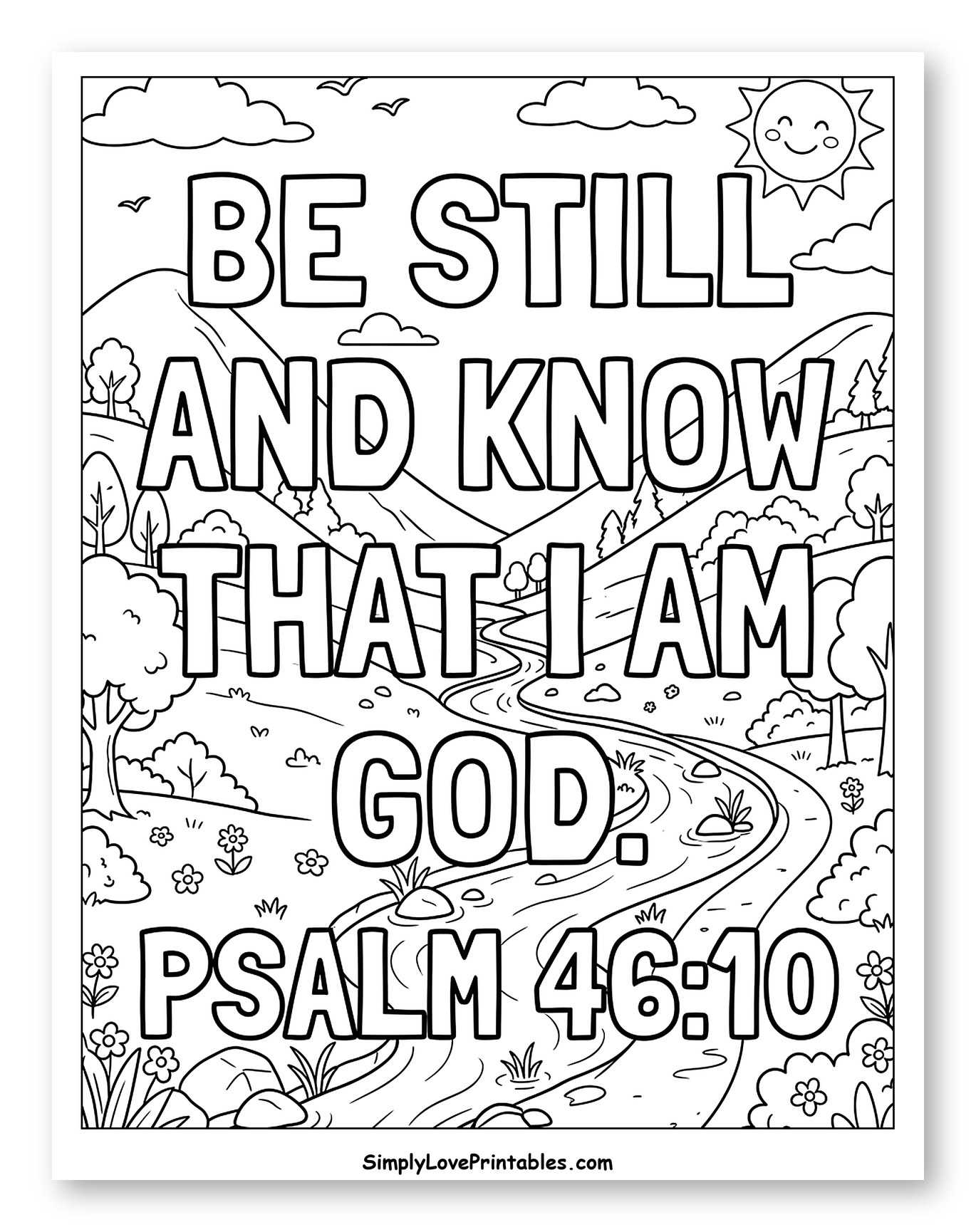 Peaceful Landscape with Psalm 46:10 Verse Coloring Sheet for Kids