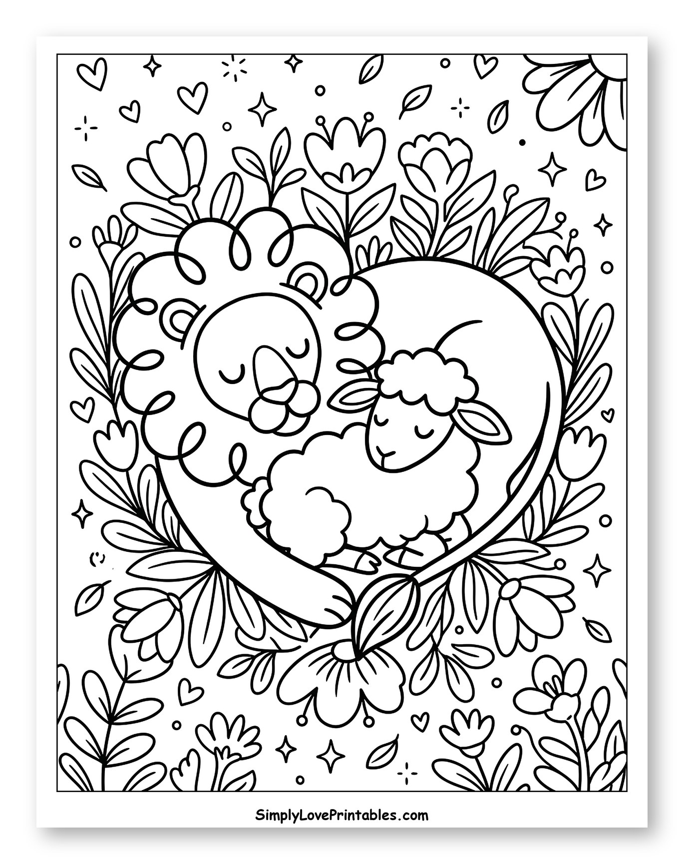 Peaceful Lion and Lamb Among Flowers to Color for Adults