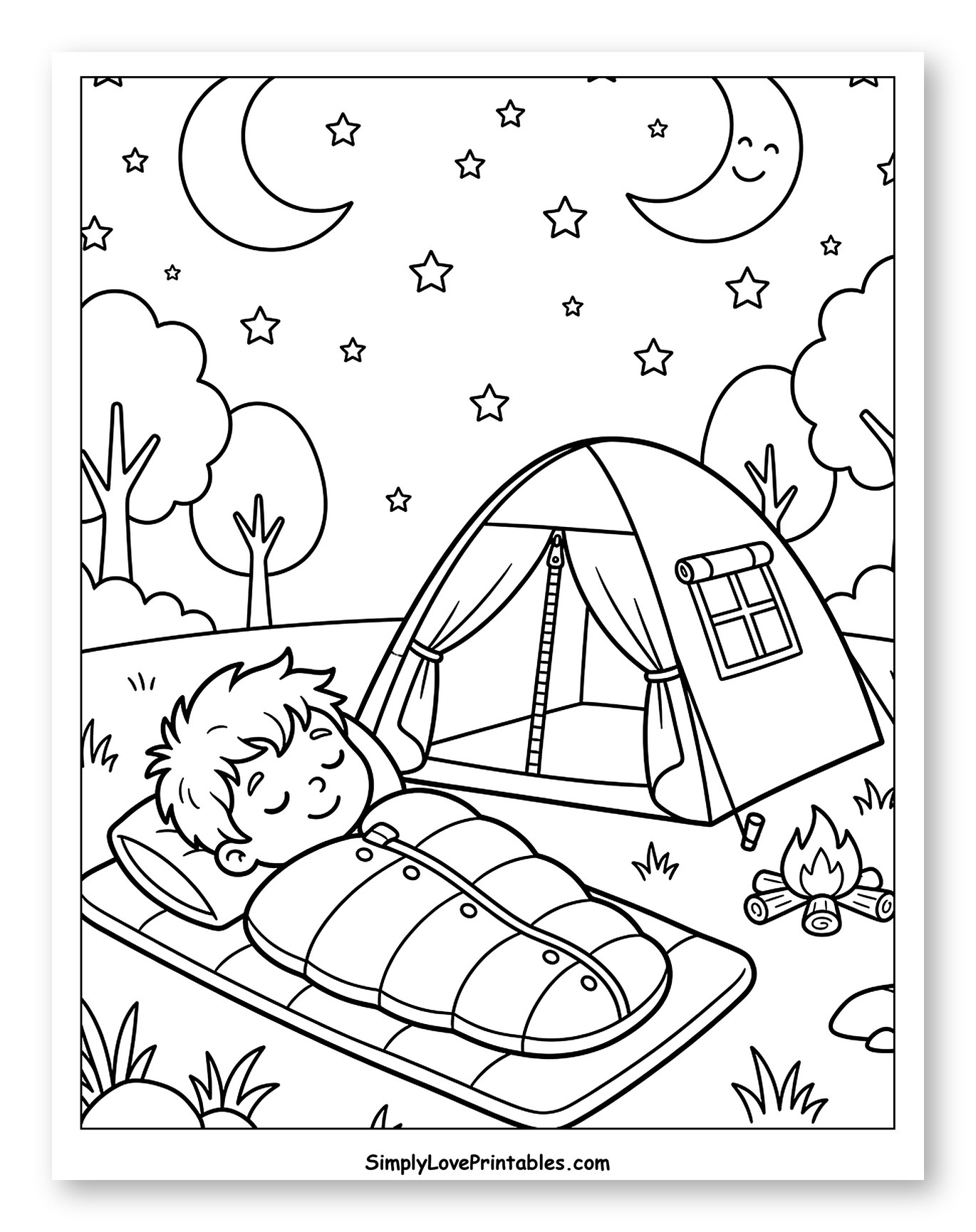 Peaceful Night Camping Under the Stars Coloring Page for Kids