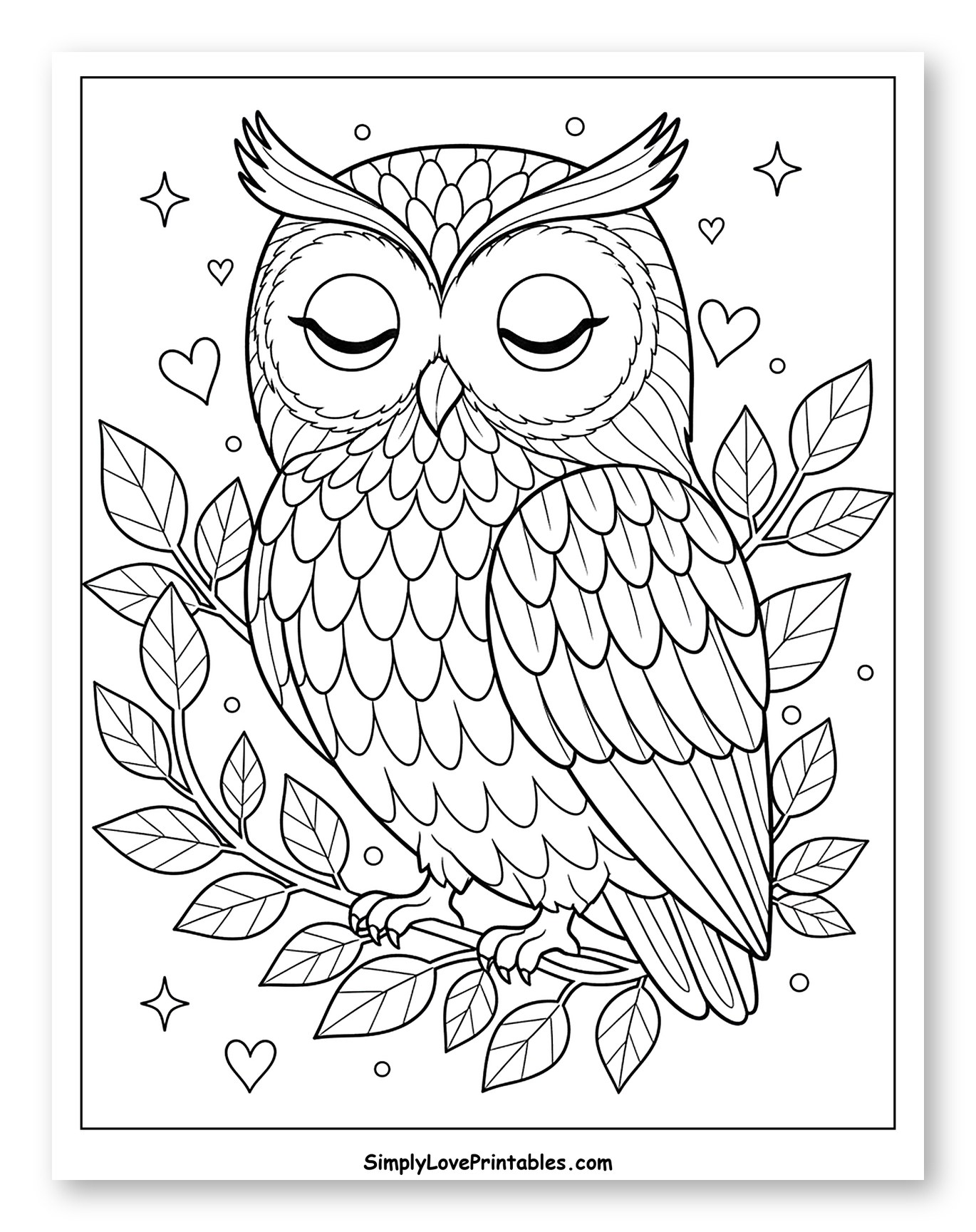 Peaceful Owl on Branch with Hearts Coloring Page for Adults