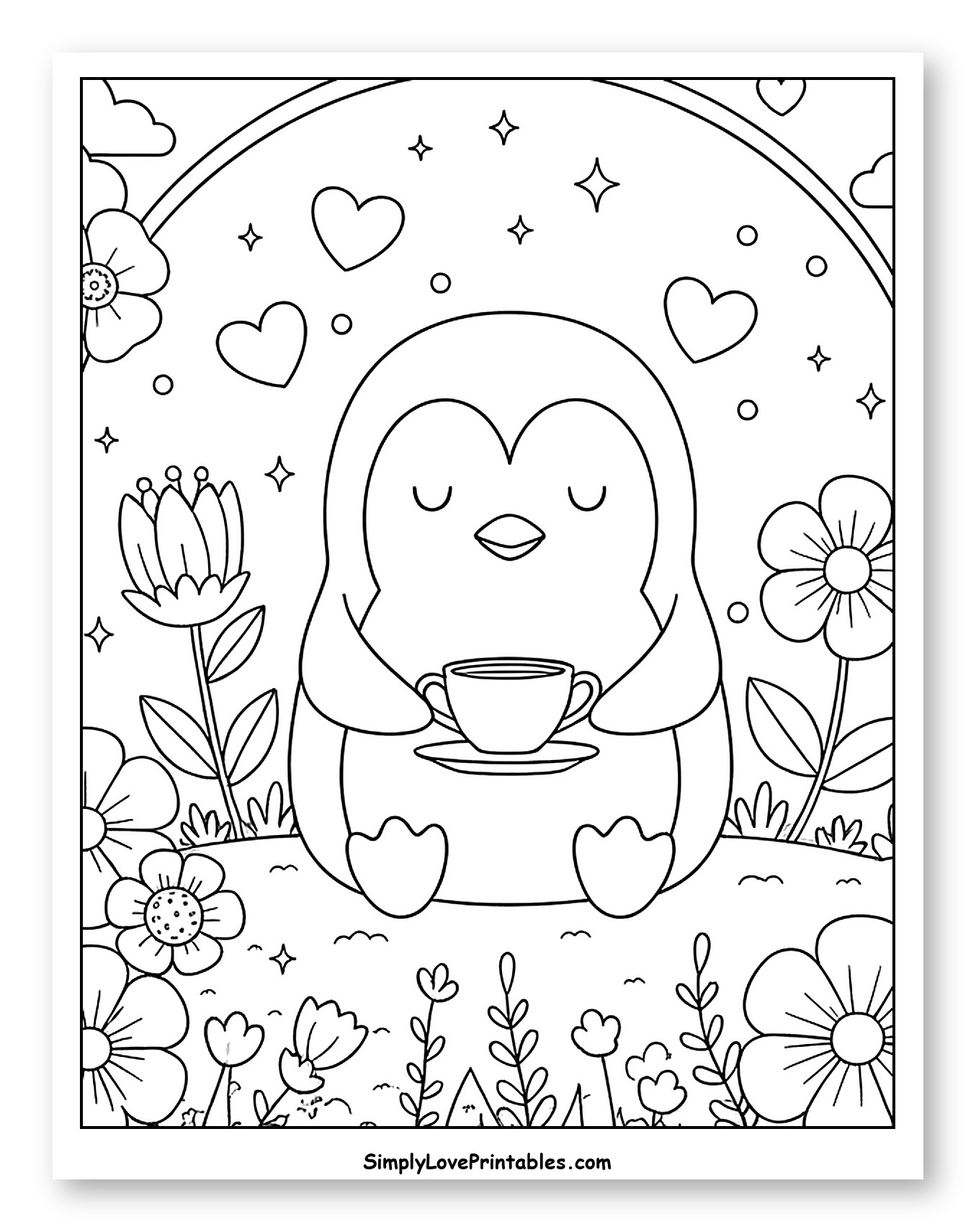 Peaceful Penguin with Teacup in a Flower Garden
