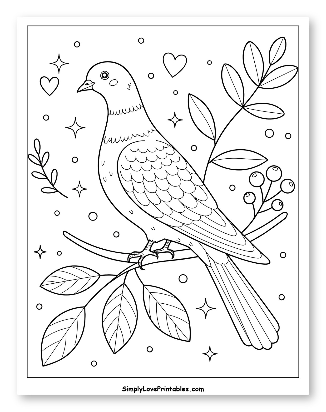 Peaceful Pigeon Perched on a Leafy Branch Coloring Page for Adults
