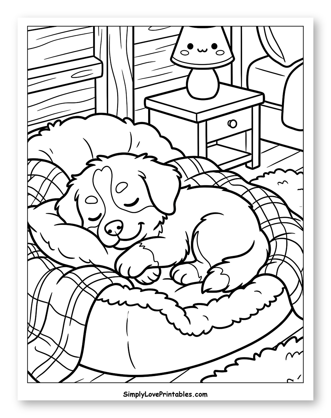 Peaceful Puppy Sleeping in a Dog Bed Coloring Page for Kids