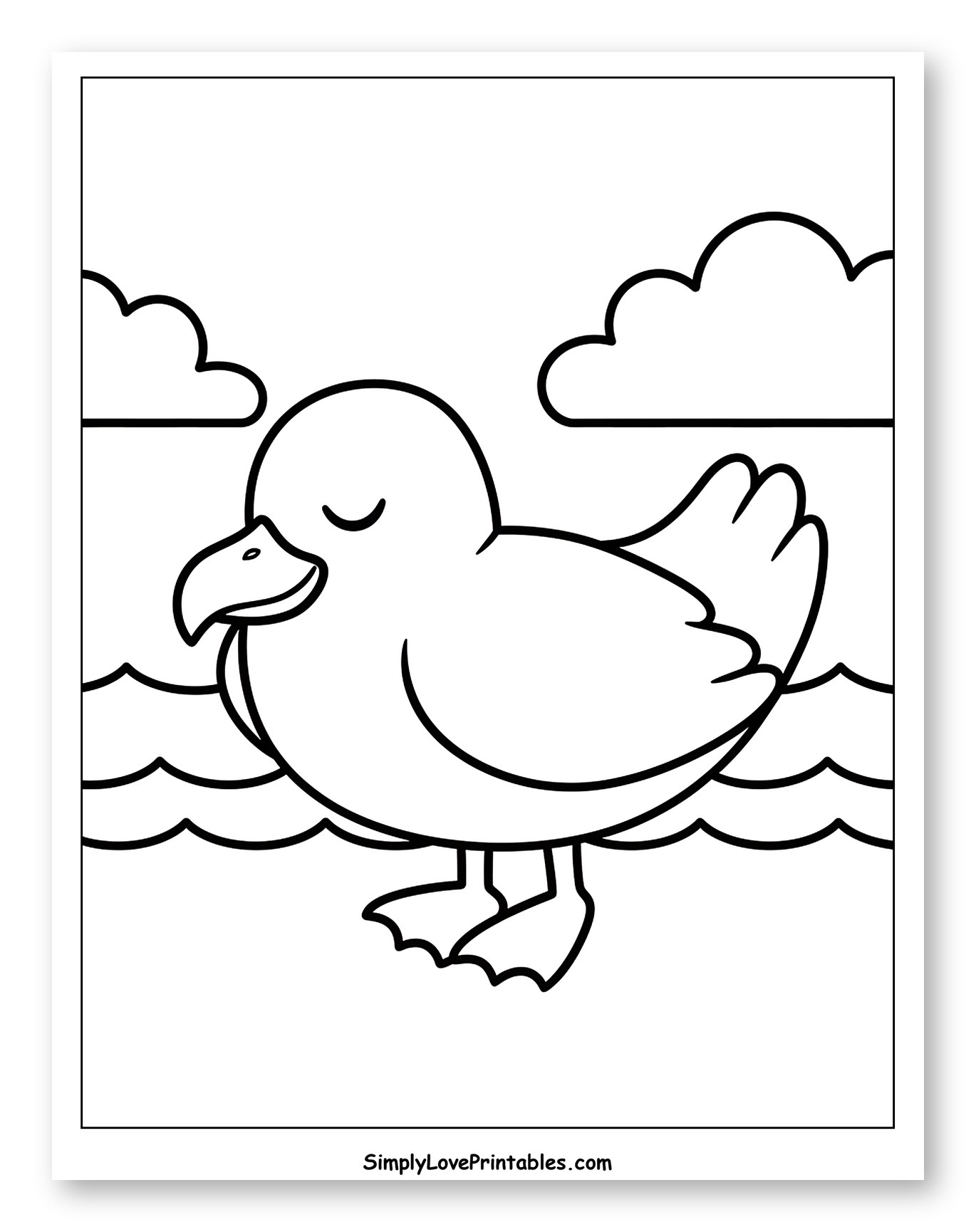 Peaceful Seagull on the Water with Clouds Coloring Page for Toddlers