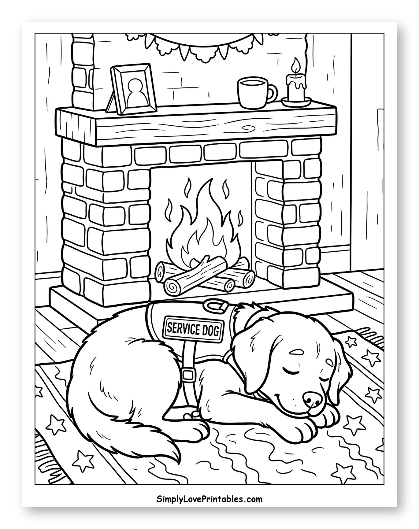 Peaceful Service Dog Resting by Fireplace to Color for Kids