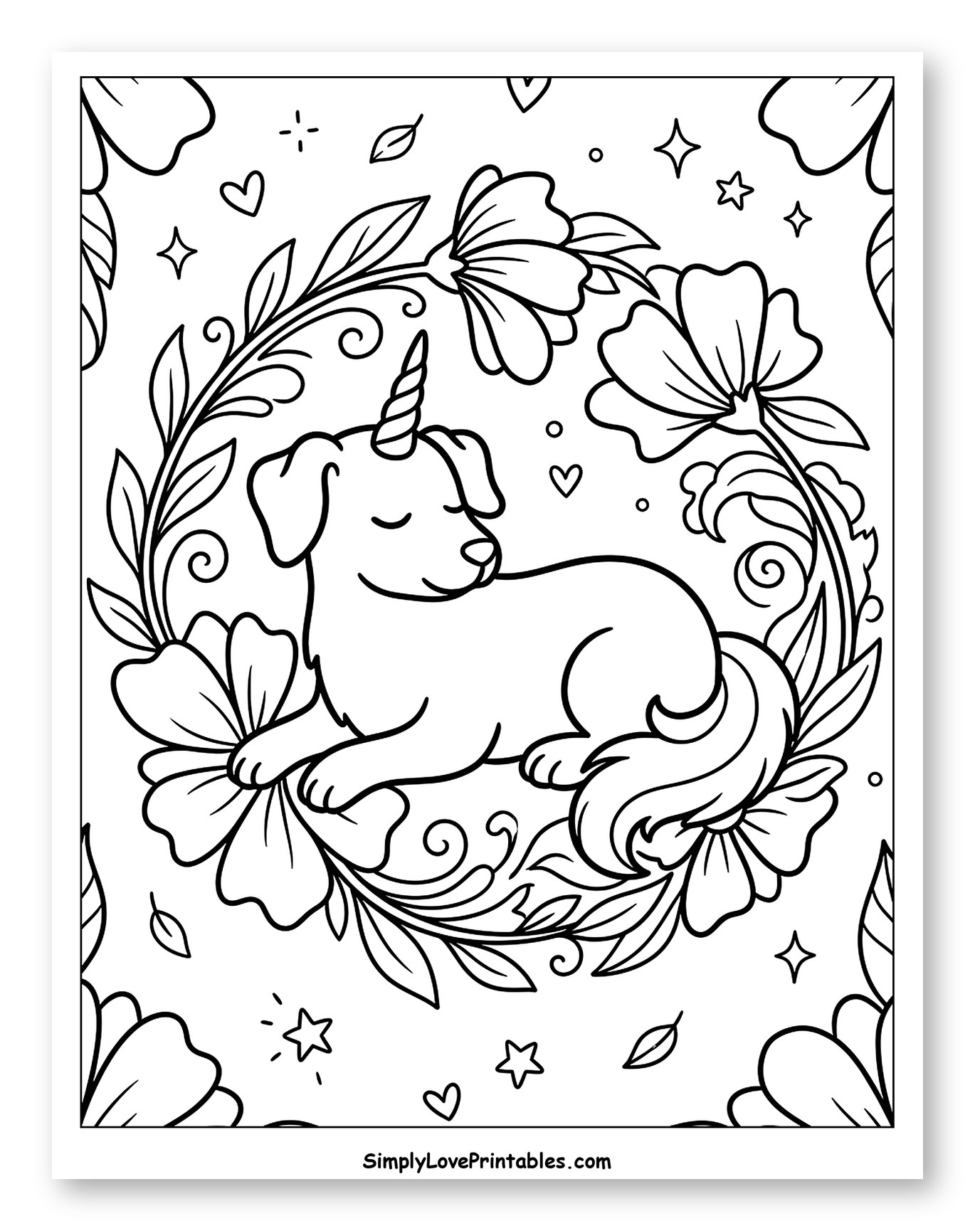 Peaceful Unicorn Dog in Flower Circle Coloring Page for Adults