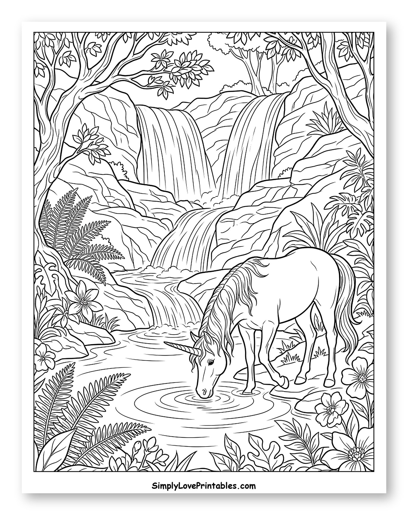 Peaceful Unicorn Drinking in Forest Stream Coloring Page