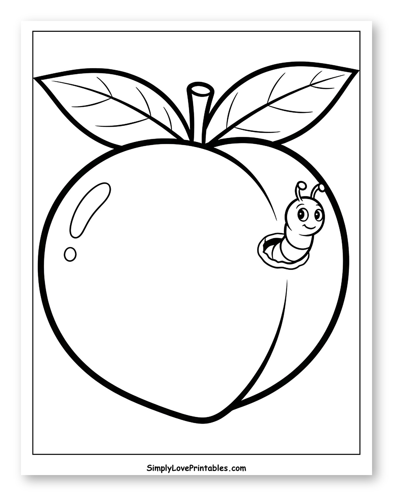 Peach with a Friendly Worm and Leaves to Color for Toddlers