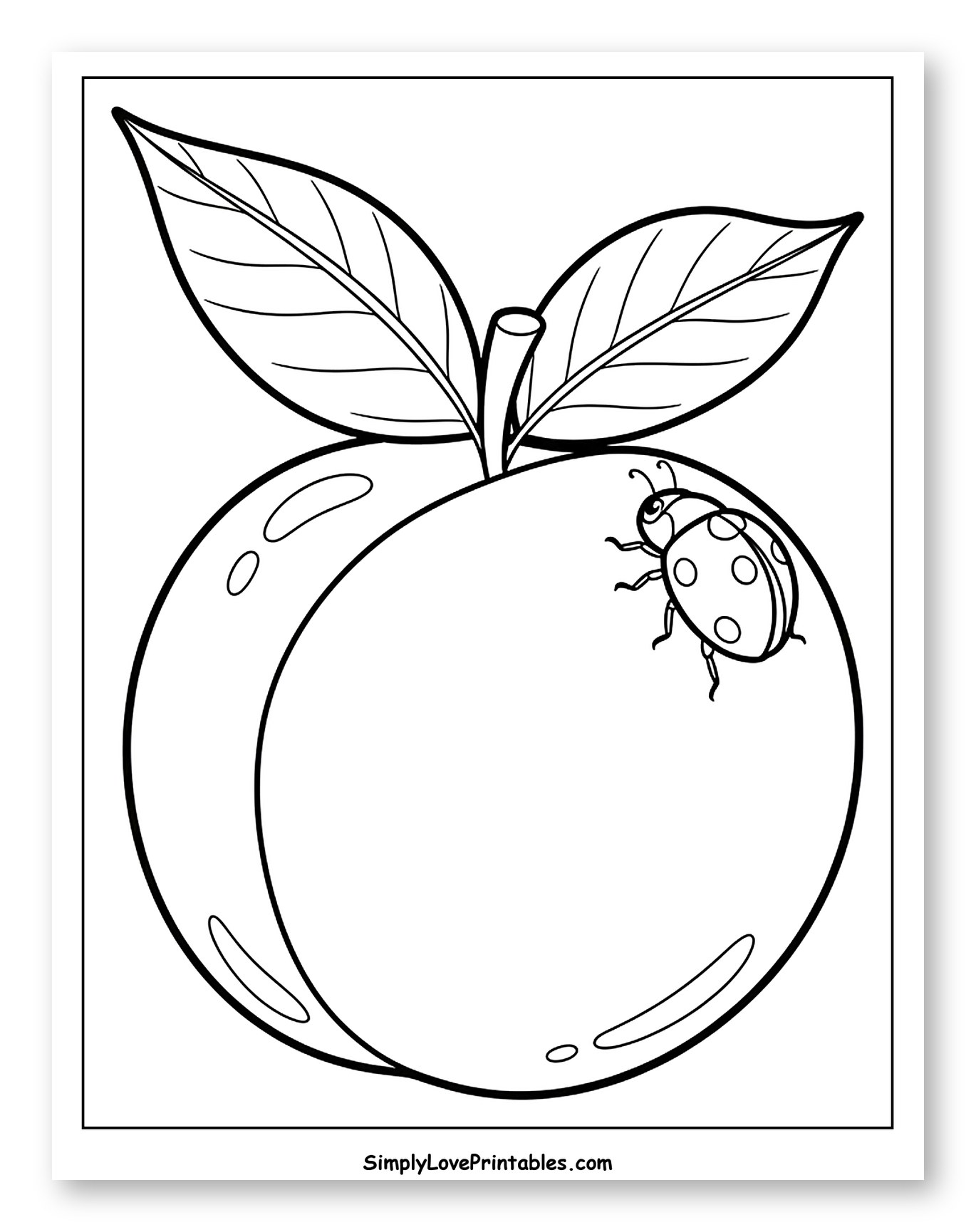 Peach with Leaves and a Ladybug Coloring Page for Toddlers