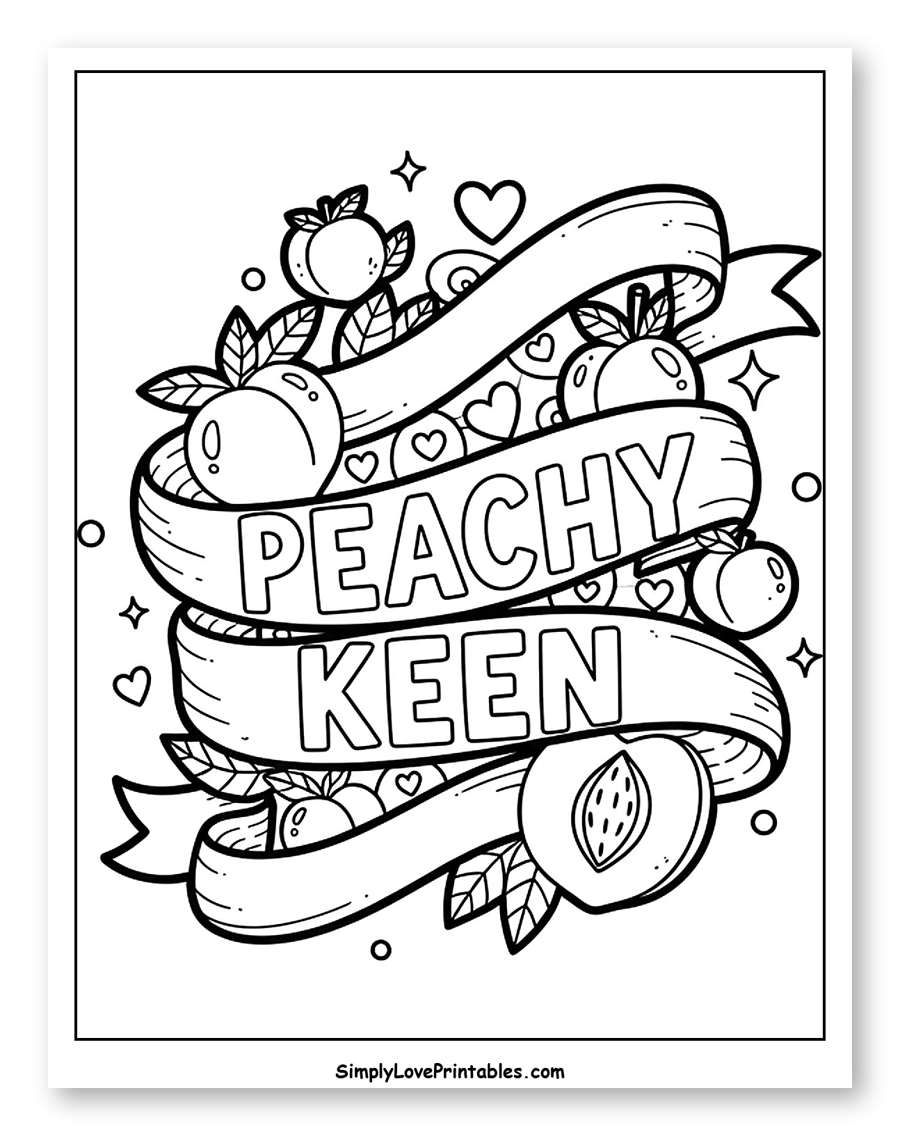 Peachy Keen Scroll with Peaches and Hearts Coloring Page for Adults