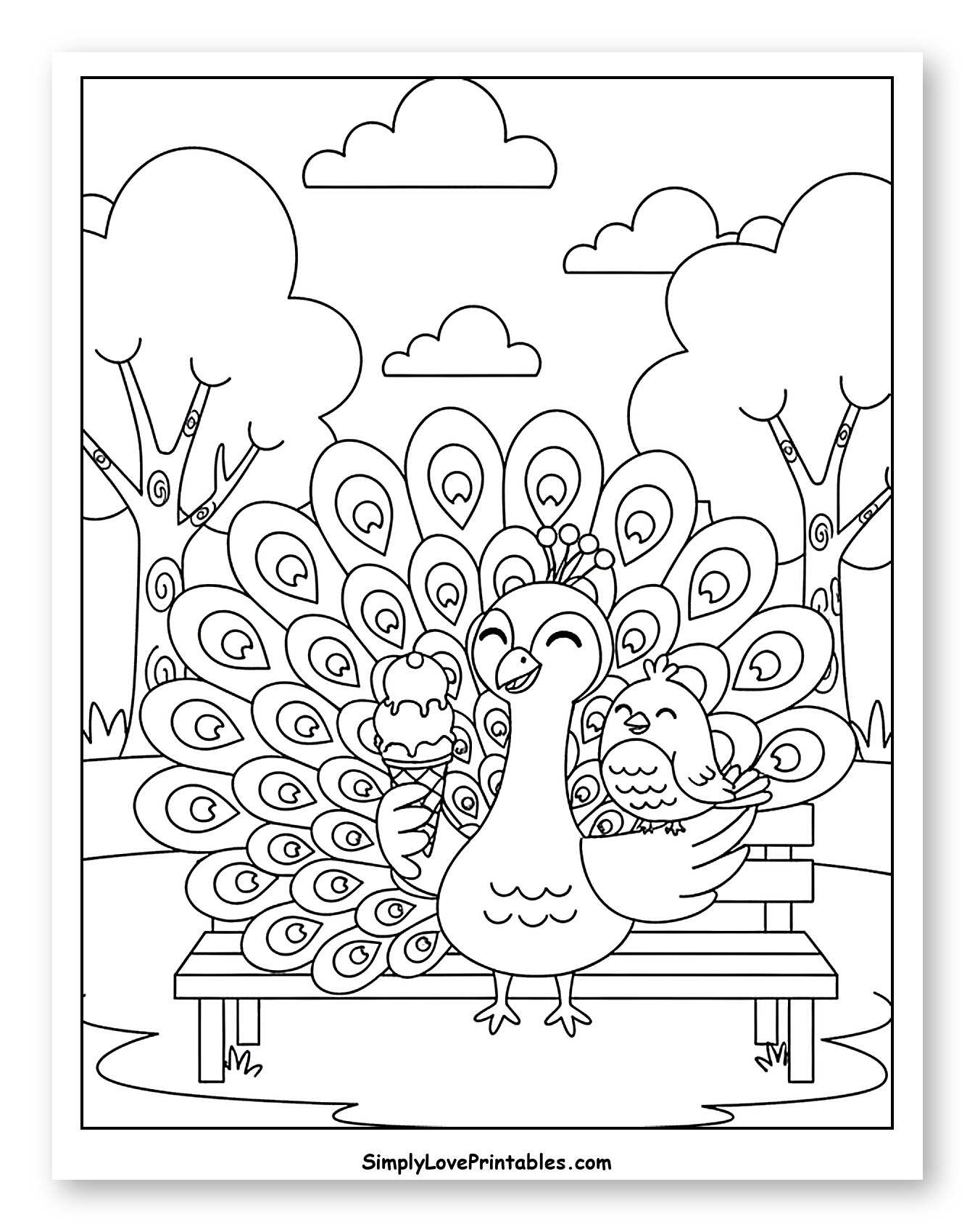 Peacock and Bird Sharing Ice Cream on Bench