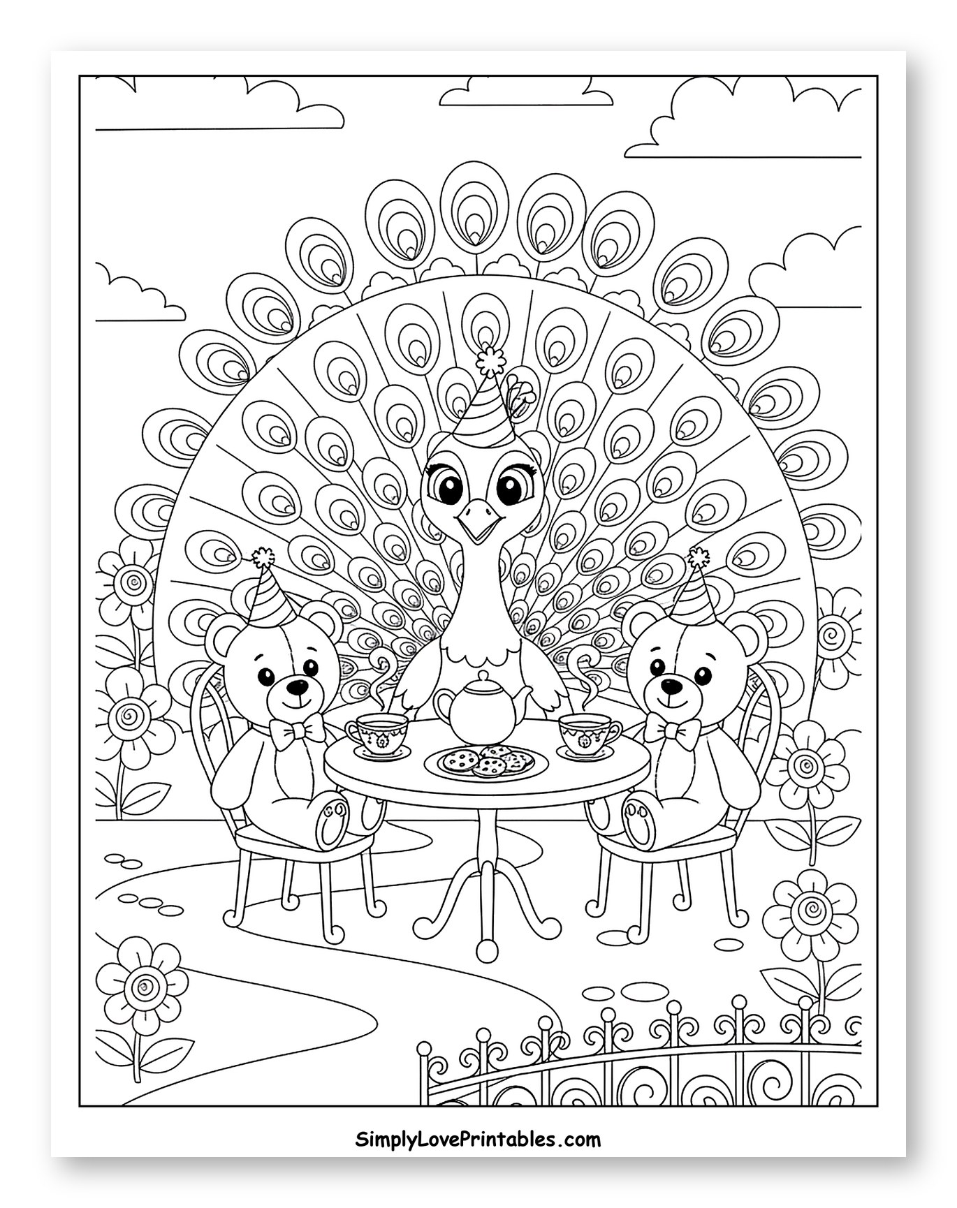 Peacock and Teddy Bears Tea Party Coloring Page for Kids