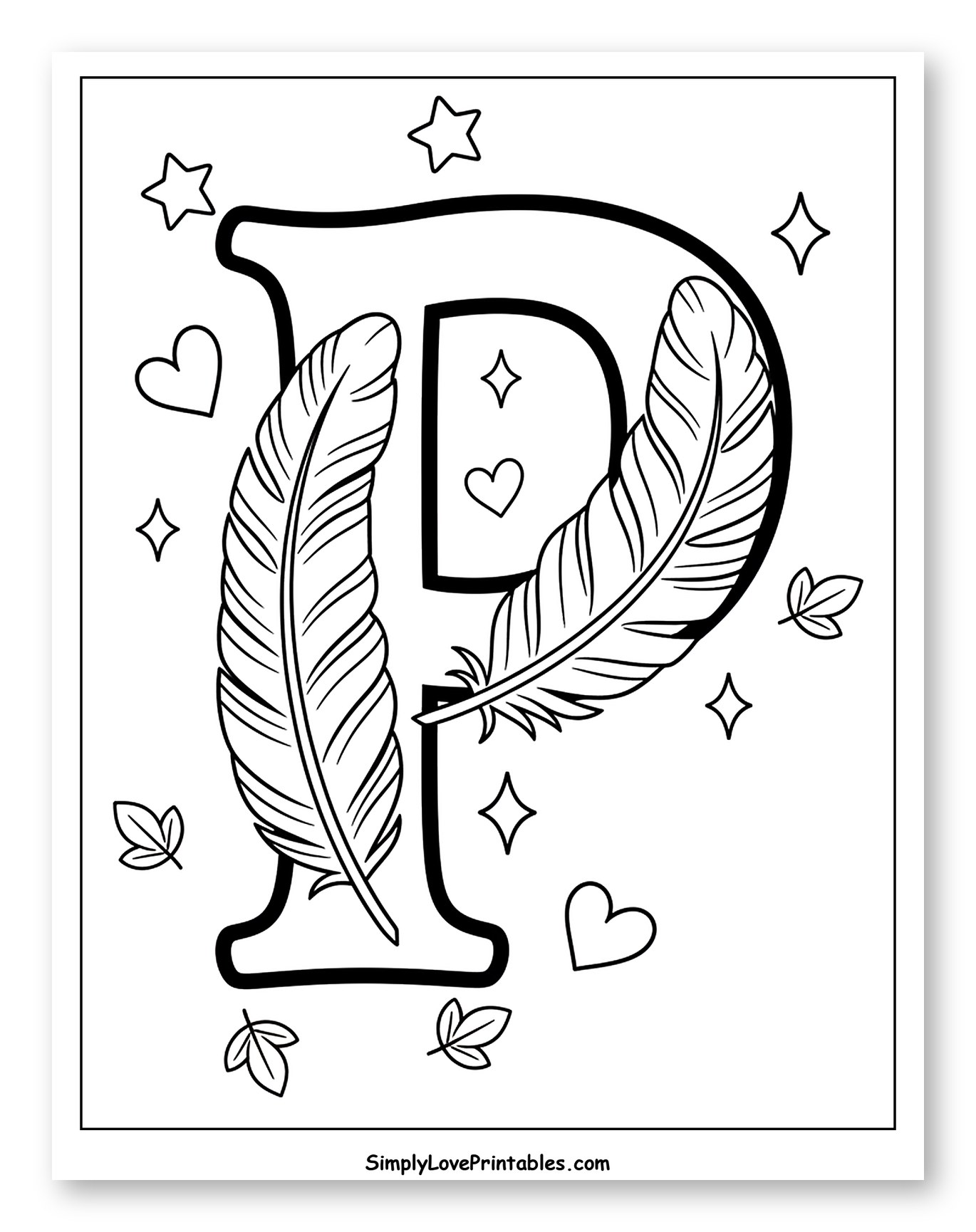 Peacock Feather Decorated Letter P to Color for Adults
