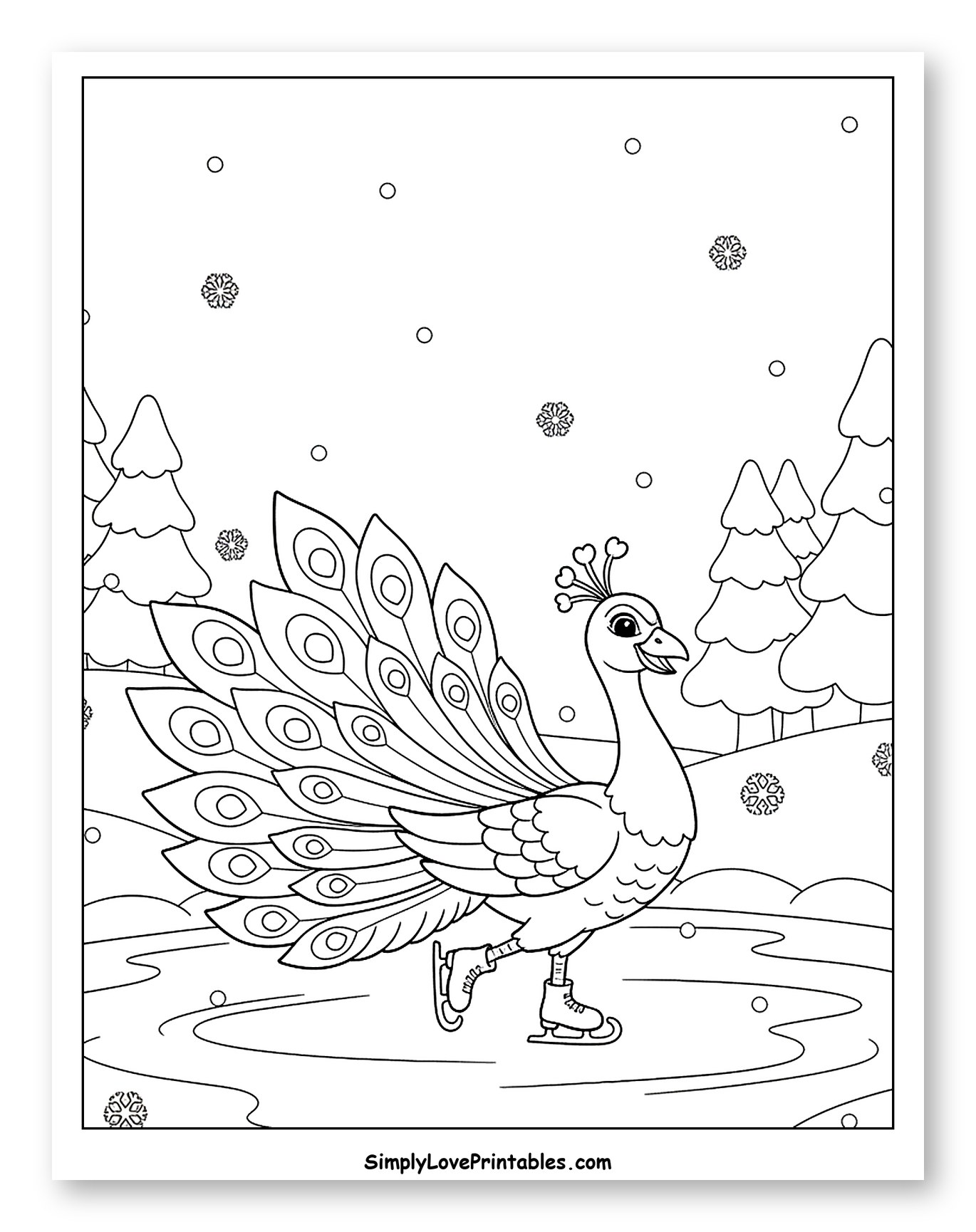 Peacock Ice Skating in a Winter Scene