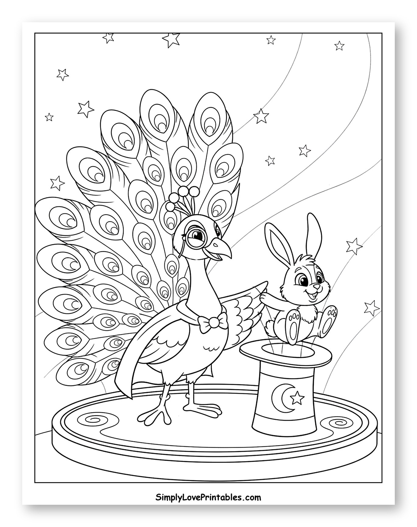 Peacock Magician with Rabbit in Hat to Color for Kids