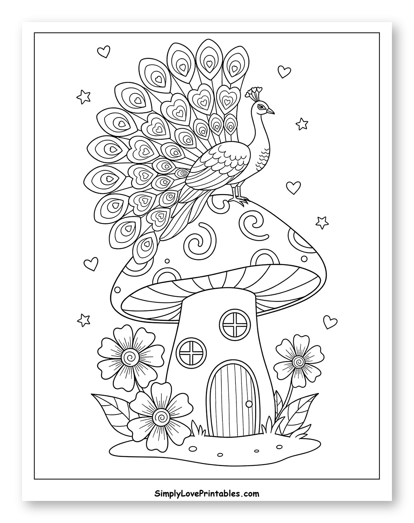 Peacock on a Mushroom House with Flowers