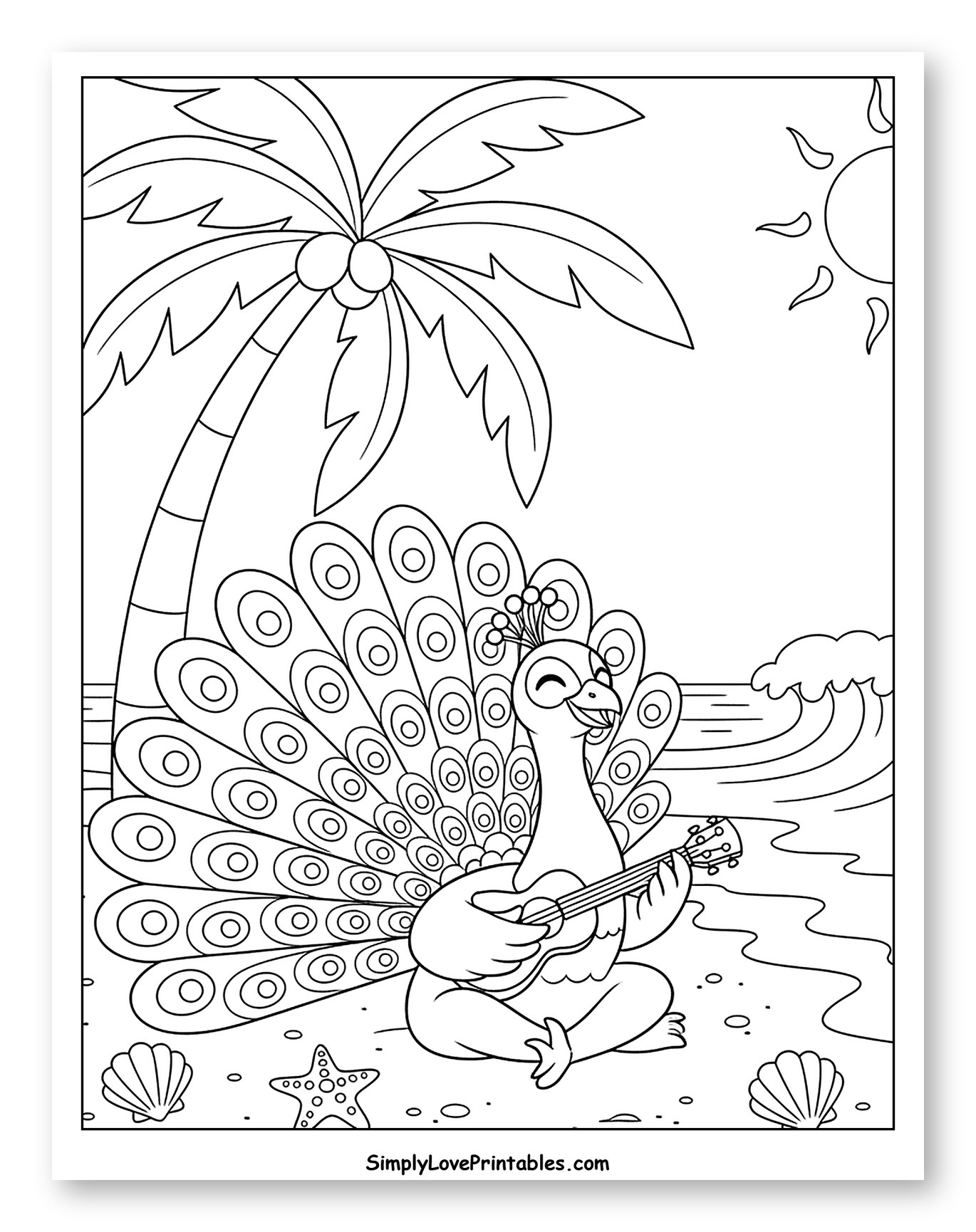 Peacock Playing Ukulele on a Tropical Beach