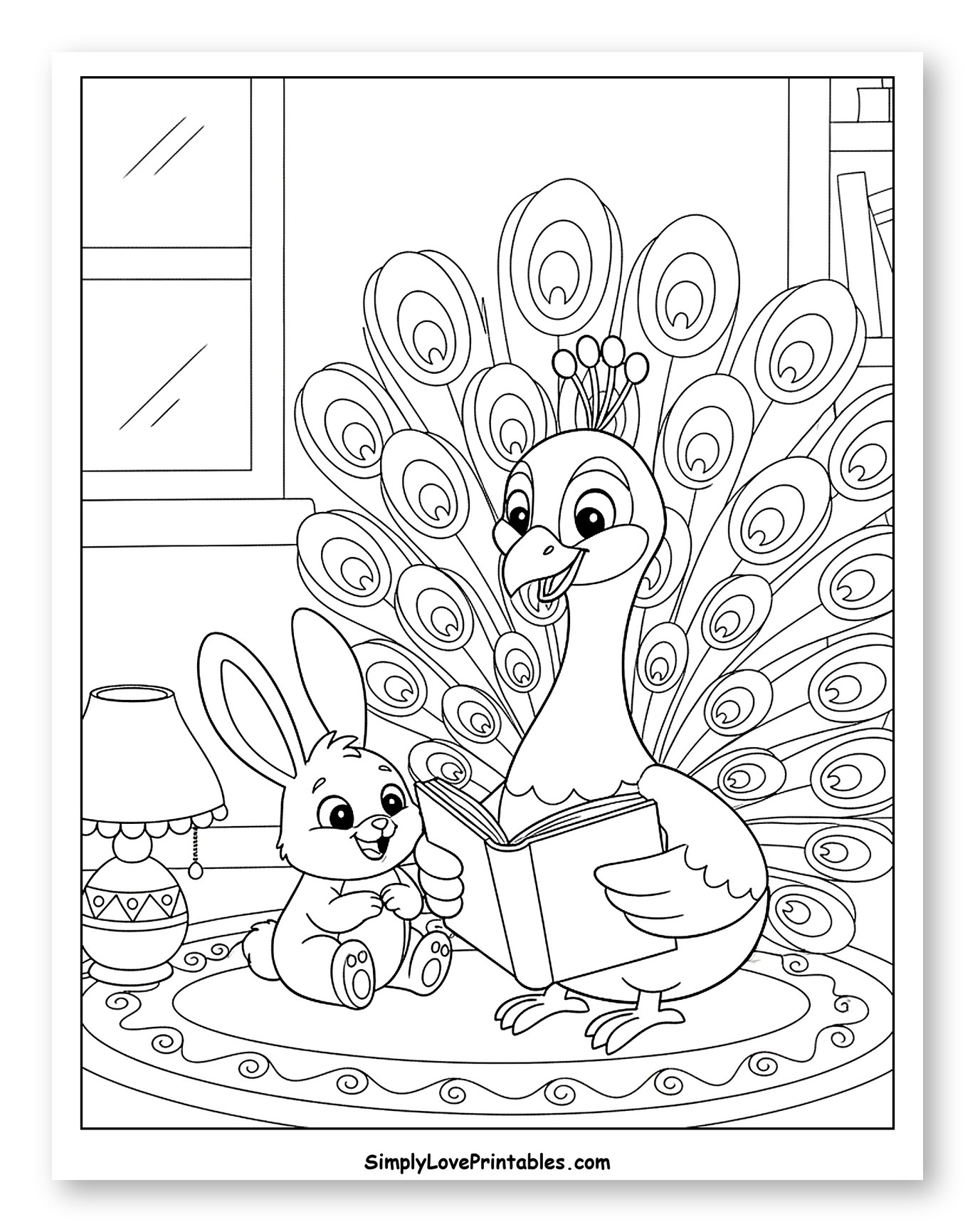 Peacock Reading a Book to a Bunny Coloring Sheet for Kids