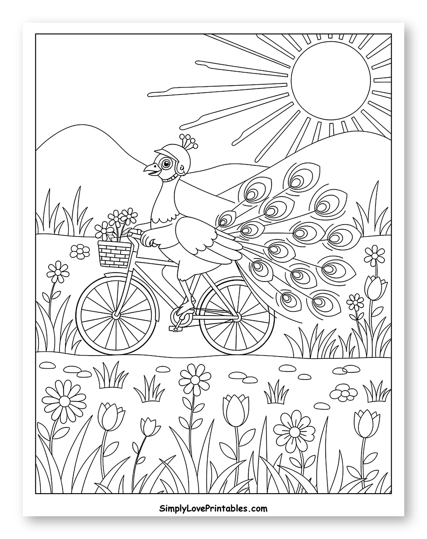 Peacock Riding a Bicycle with Flowers to Color for Kids