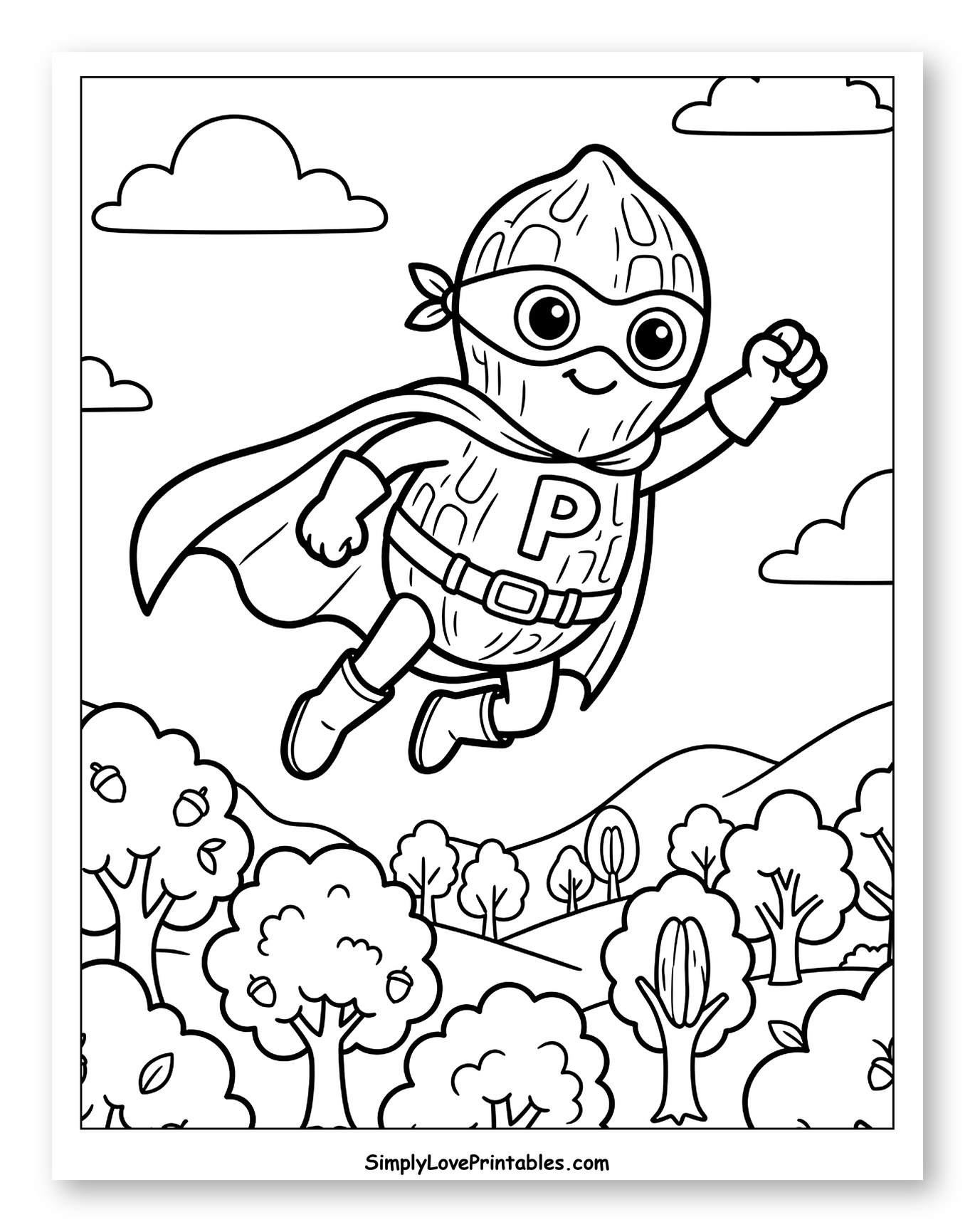 Peanut Superhero Flying Over a Forest to Color for Kids