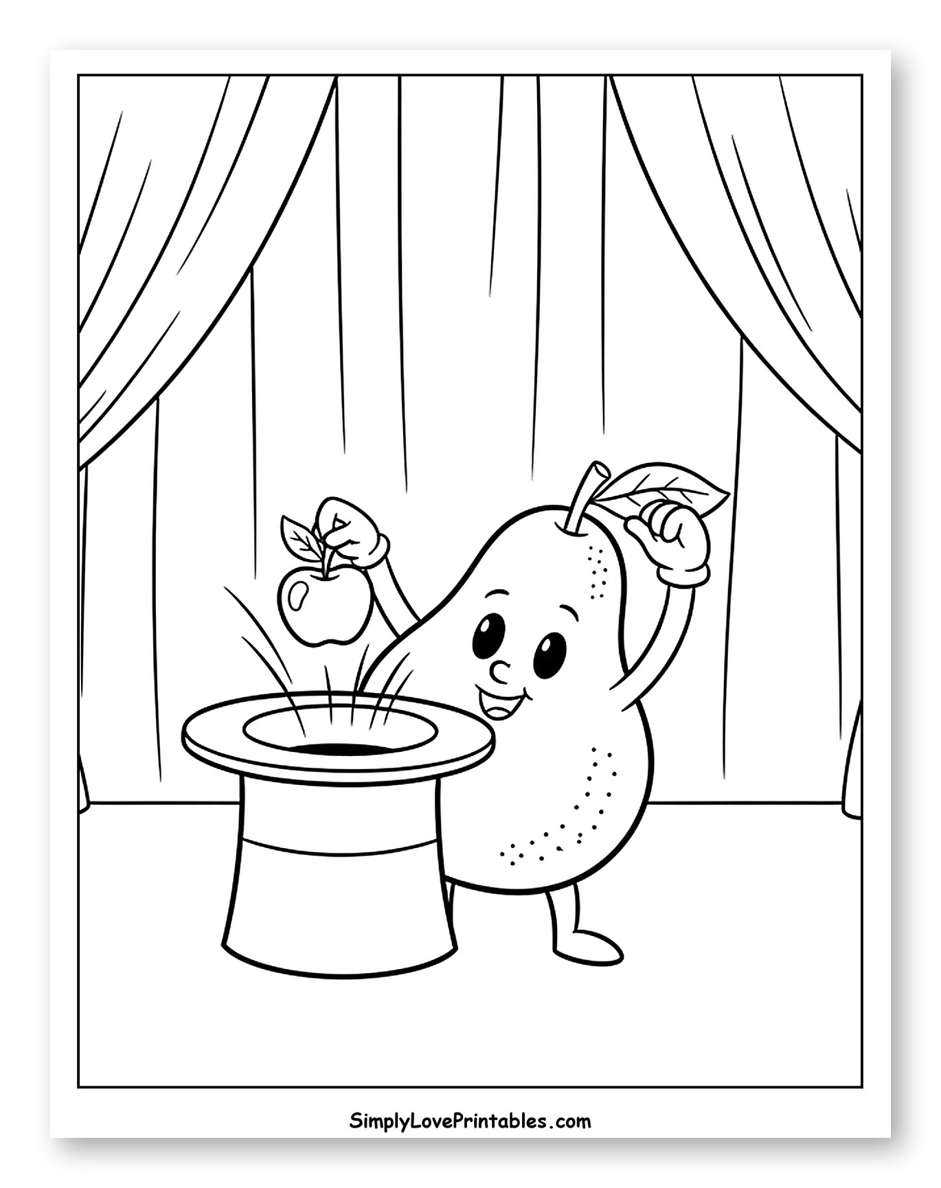 Pear Magician with an Apple and Top Hat Coloring Sheet for Kids