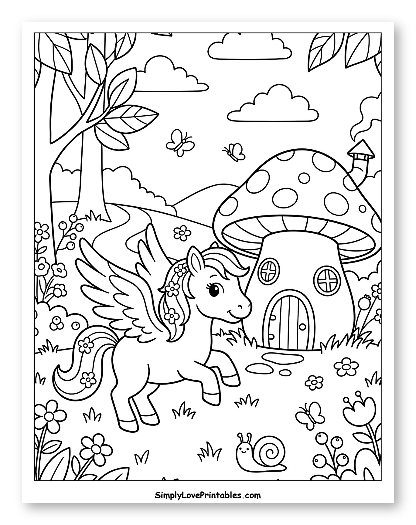 Pegasus and Snail by Mushroom Home to Color for Kids