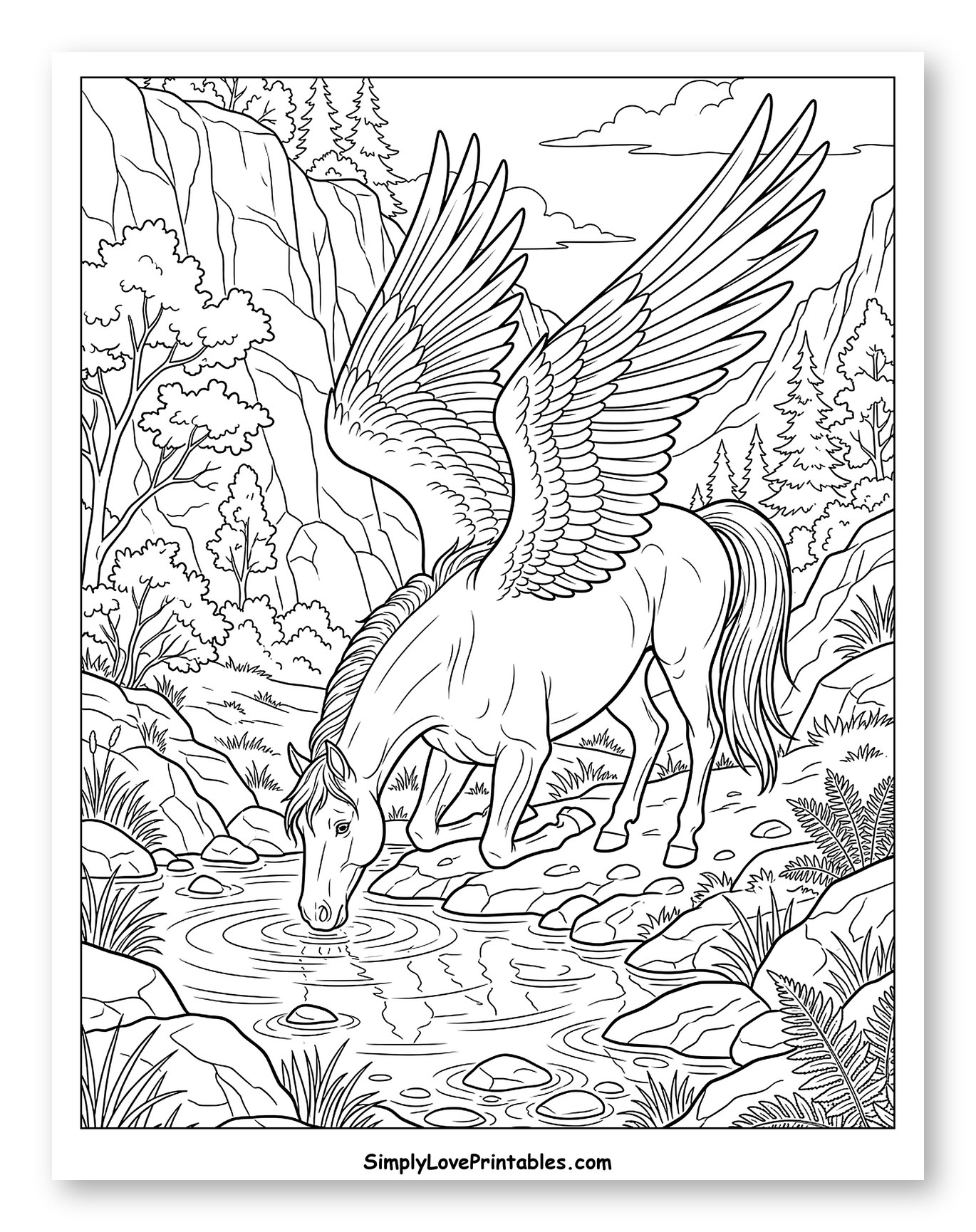 Pegasus Drinking Water in a Mountain Stream Coloring Sheet