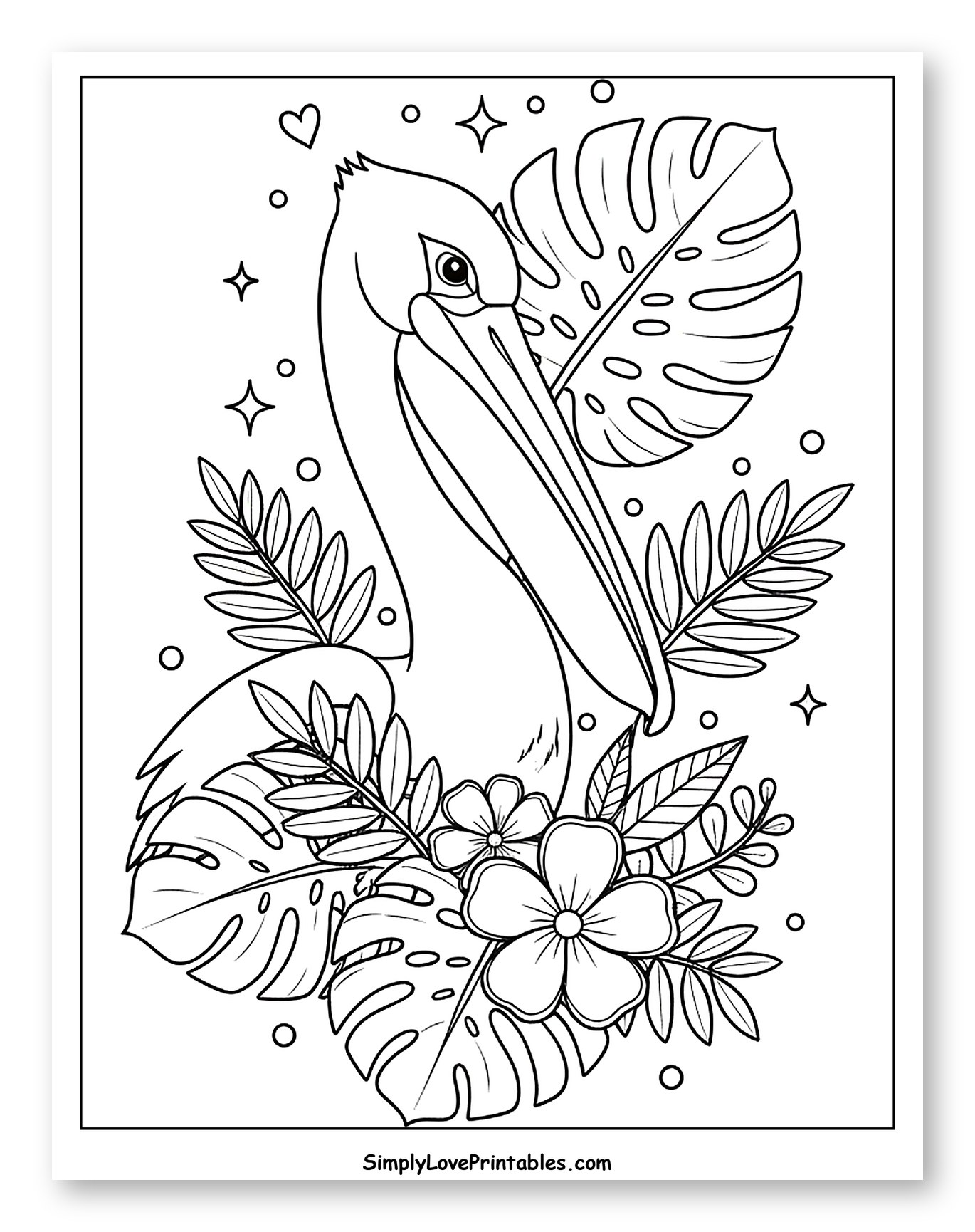 Pelican Among Tropical Foliage and Blooming Flowers
