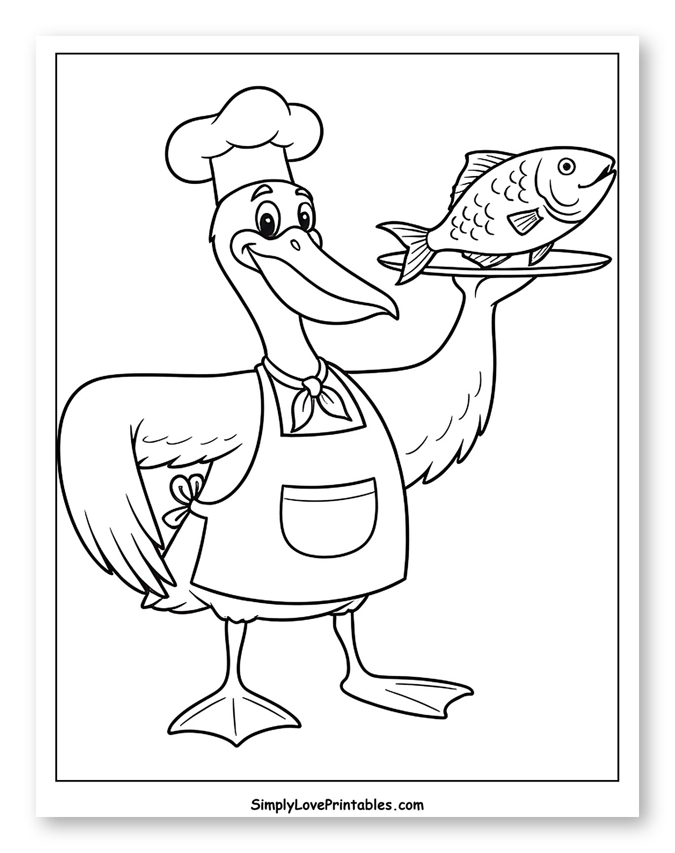 Pelican Chef Holding a Platter of Fish Coloring Sheet for Kids