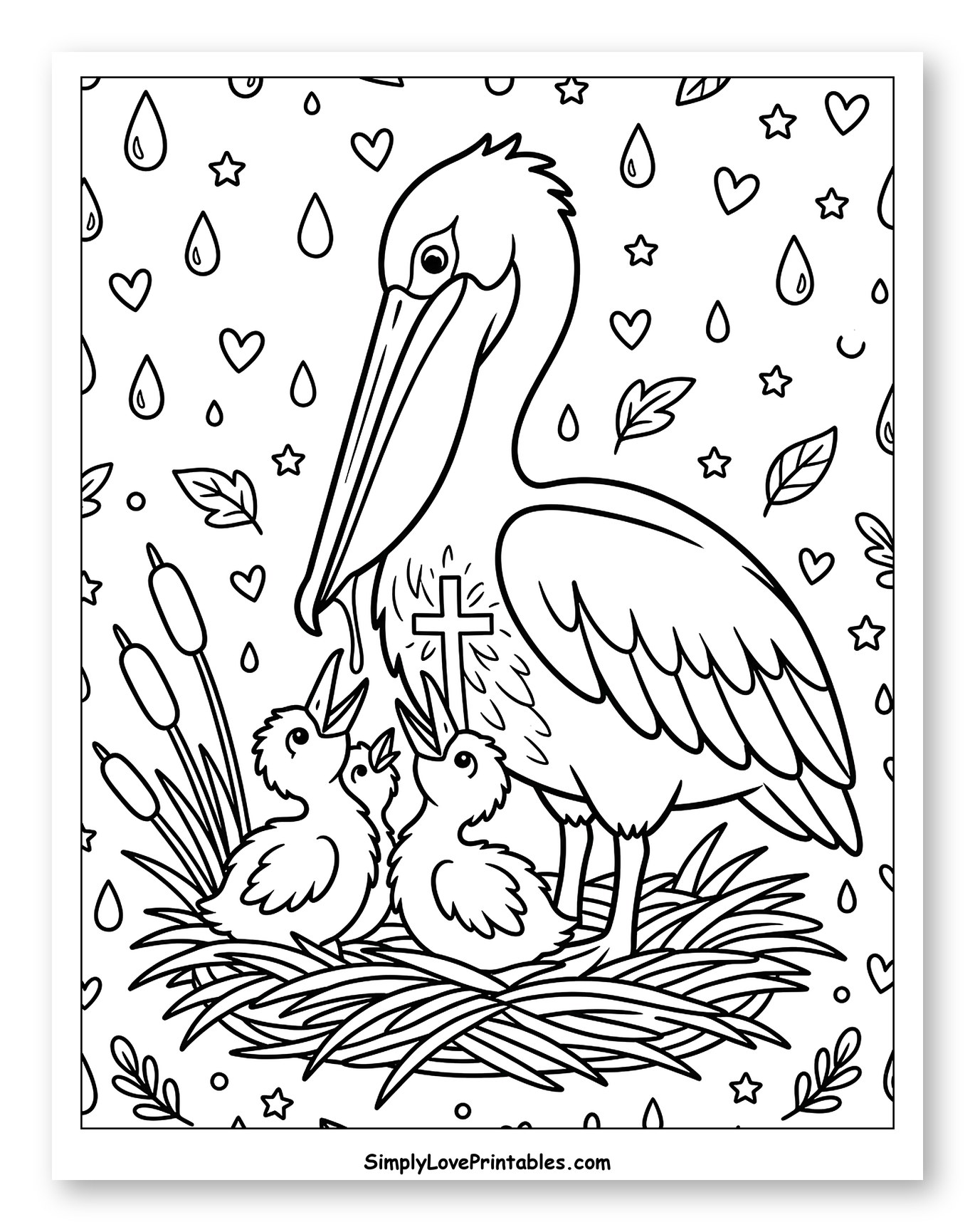 Pelican, Chicks, and a Sacred Cross Coloring Sheet for Adults