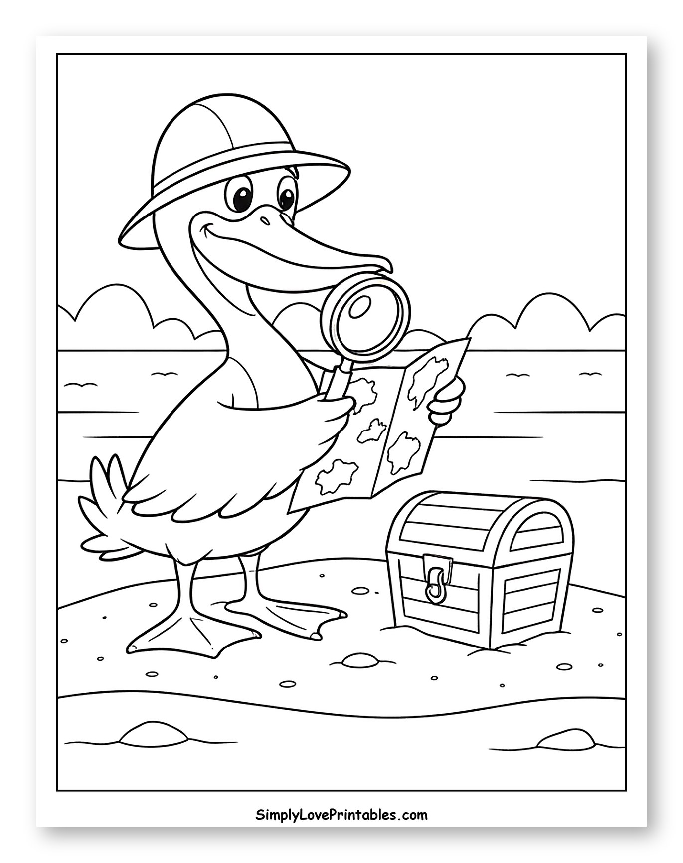 Pelican Explorer with Treasure Map and Chest Coloring Sheet for Kids