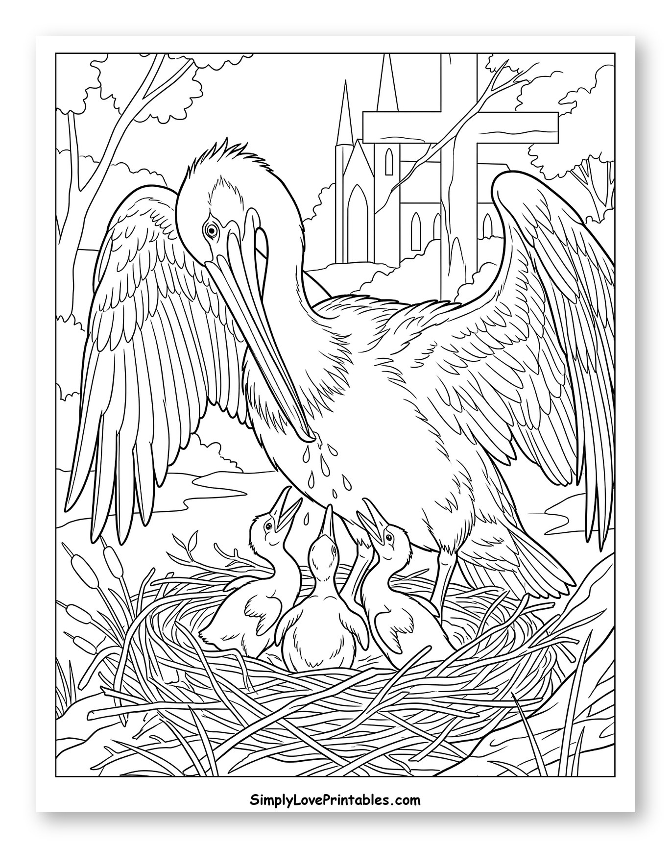 Pelican Feeding Chicks with Church and Cross