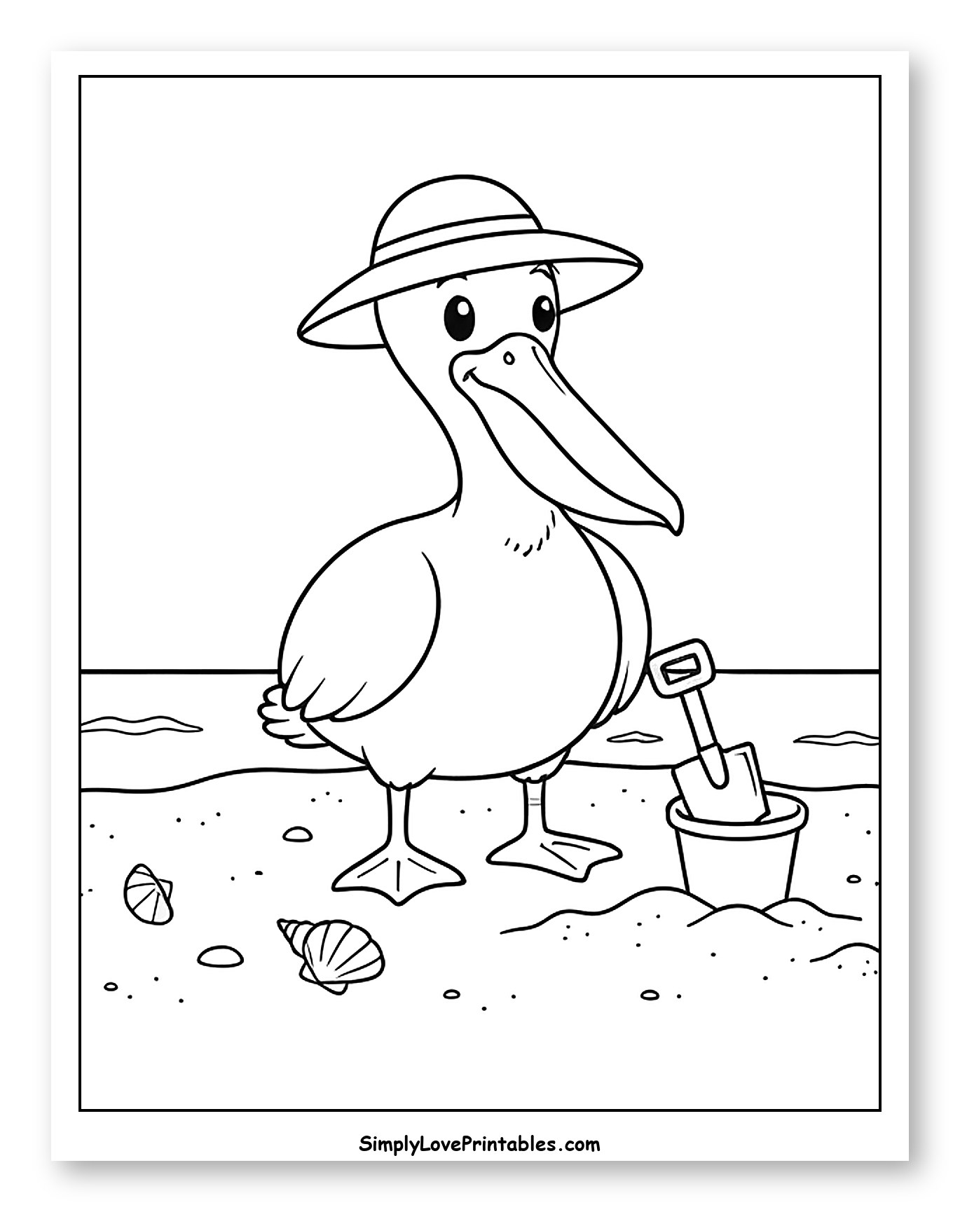 Pelican in Hat on Beach with Bucket Coloring Sheet for Kids