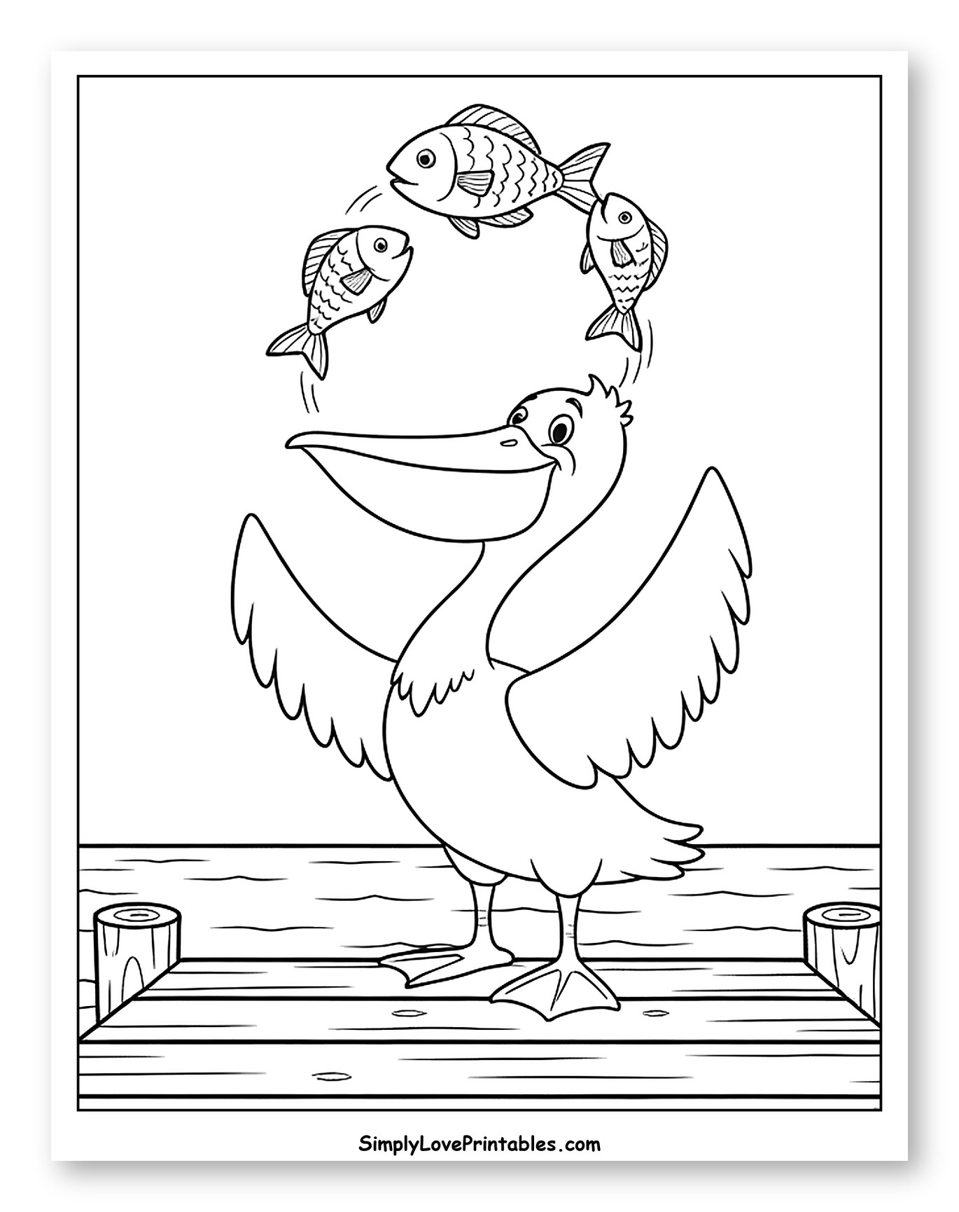 Pelican Juggling Fish on a Wooden Dock Coloring Sheet for Kids