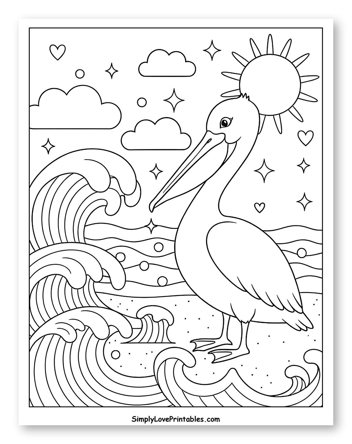 Pelican on a Sandy Beach with Waves Coloring Sheet for Adults
