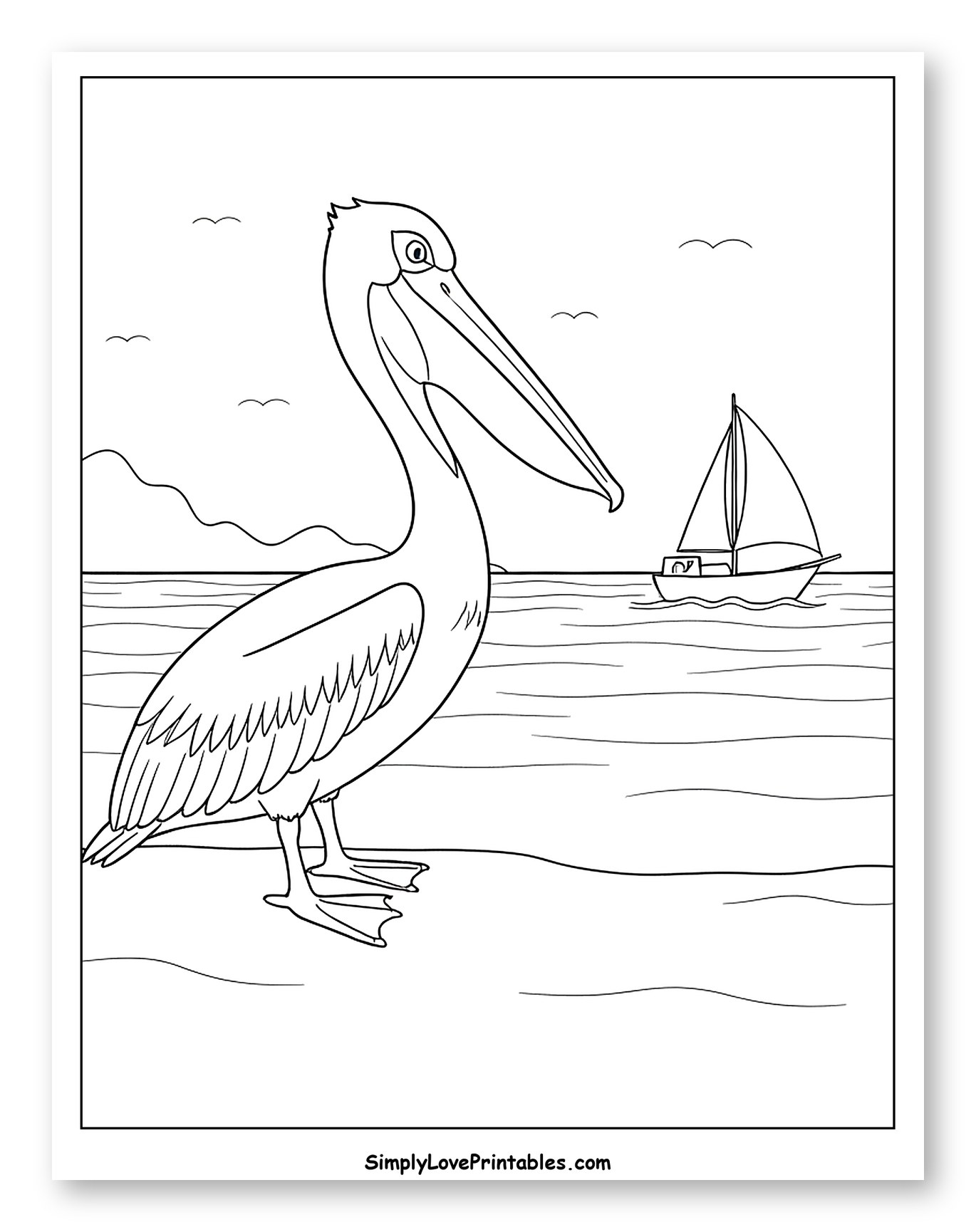 Pelican on Beach with Sailboat in Background