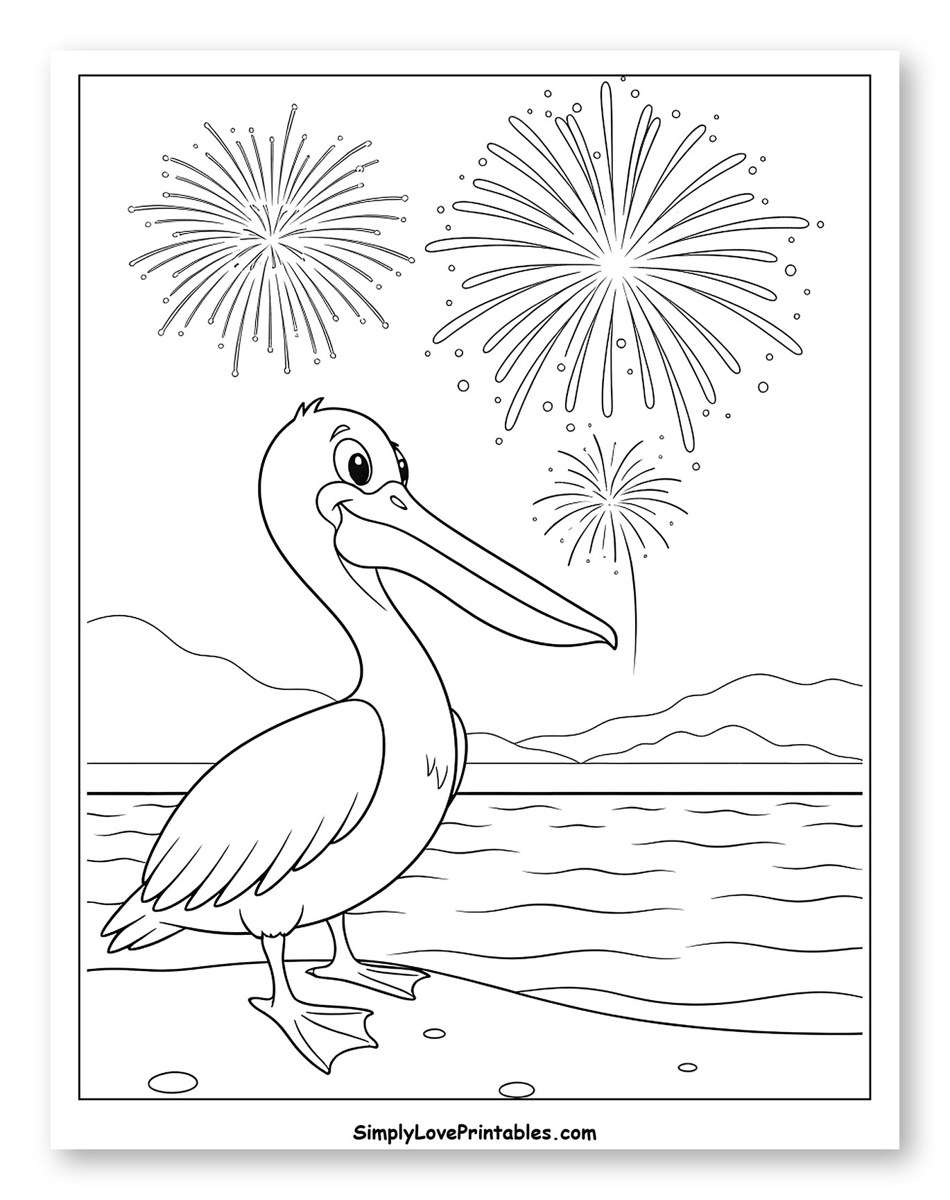 Pelican on Shore with Fireworks Display to Color for Kids