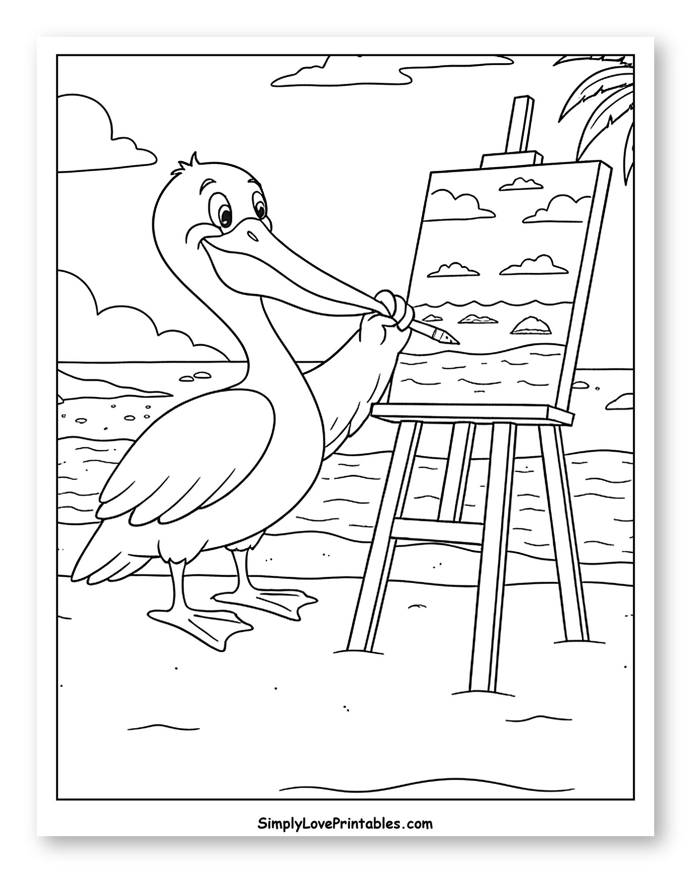 Pelican Painting a Beach Scene on an Easel Coloring Page for Kids