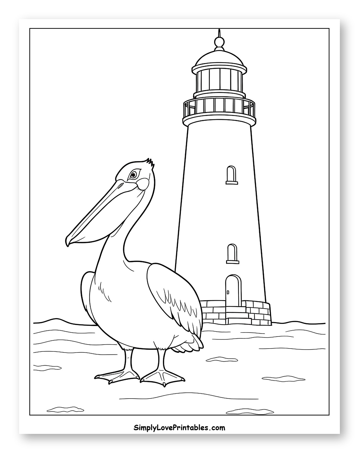 Pelican Standing by a Lighthouse Coloring Page for Toddlers