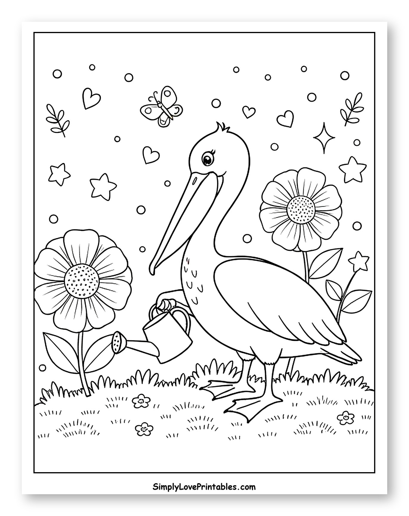 Pelican Watering Flowers in a Garden Coloring Sheet for Adults