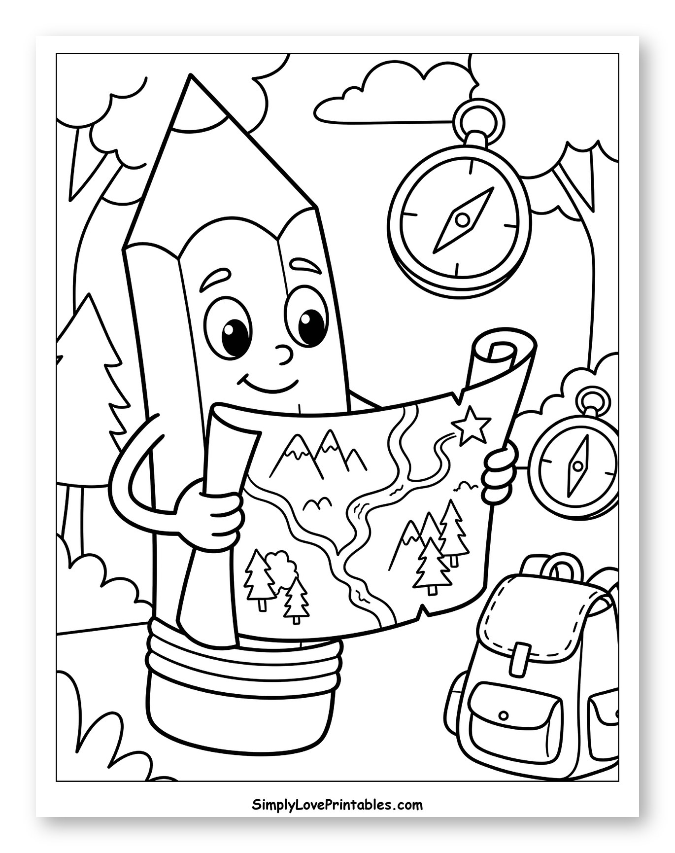 Pencil Adventurer with Map, Compasses, and Backpack Coloring Sheet for Kids