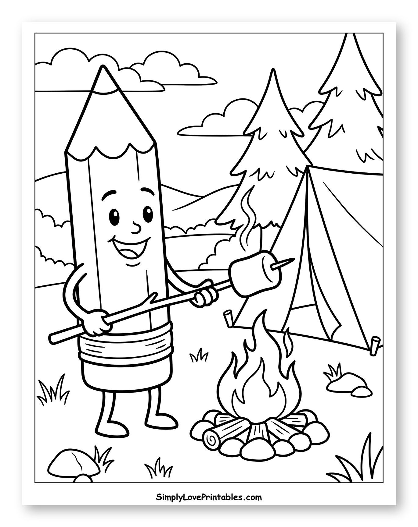 Pencil Character Roasting Marshmallow While Camping