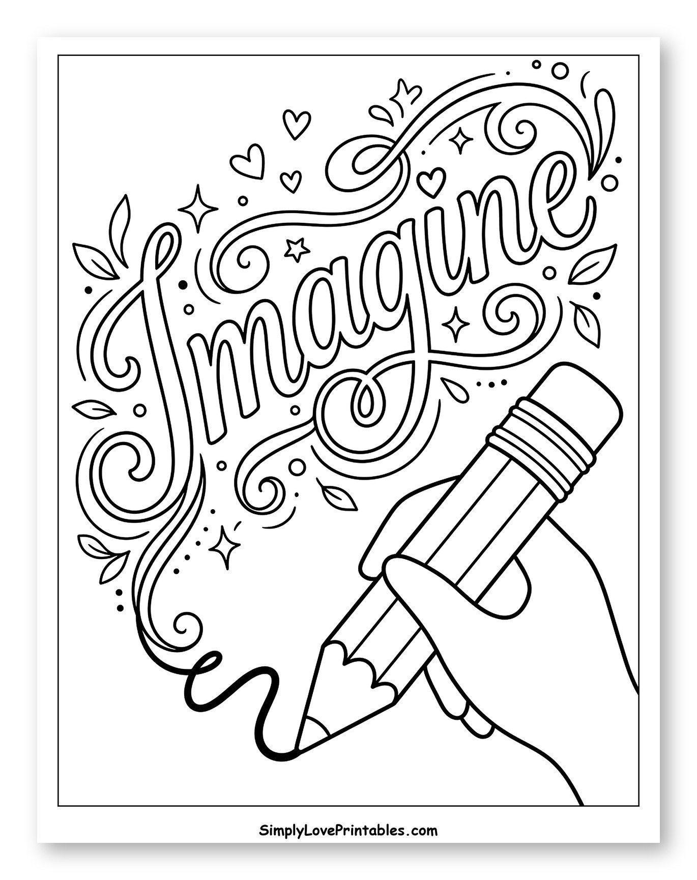 Pencil Drawing 'Imagine' with Decorative Swirls Coloring Sheet for Adults
