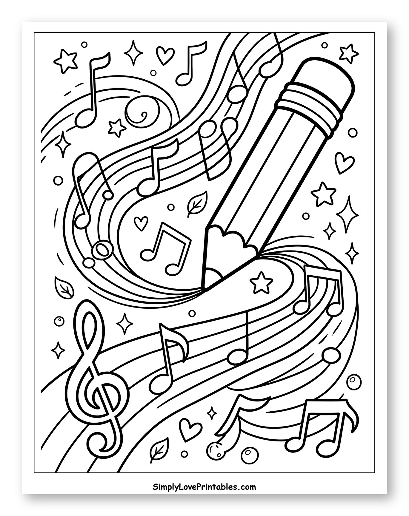 Pencil Drawing Music with Hearts and Stars Coloring Page for Adults