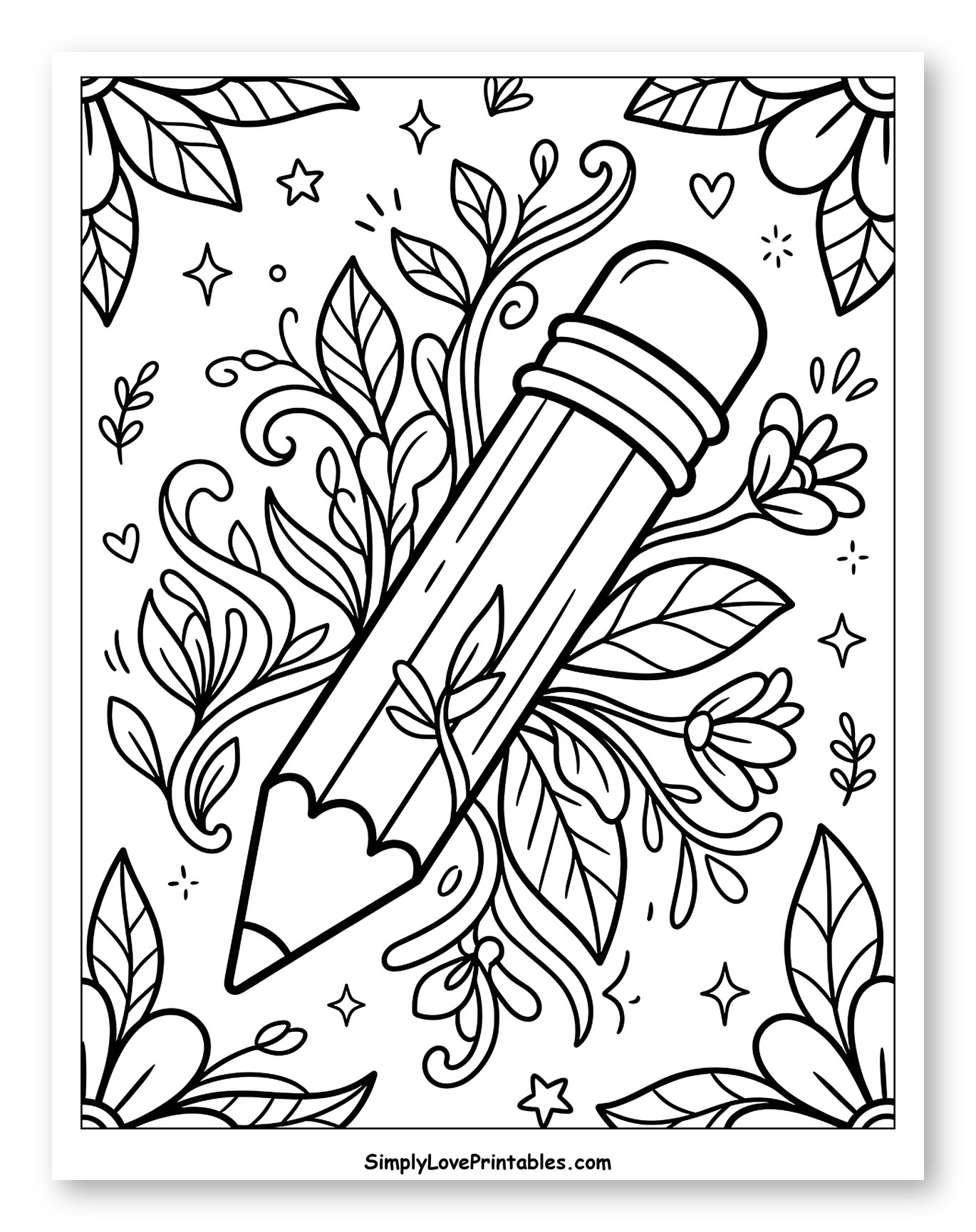 Pencil Surrounded by Whimsical Flowers and Leaves