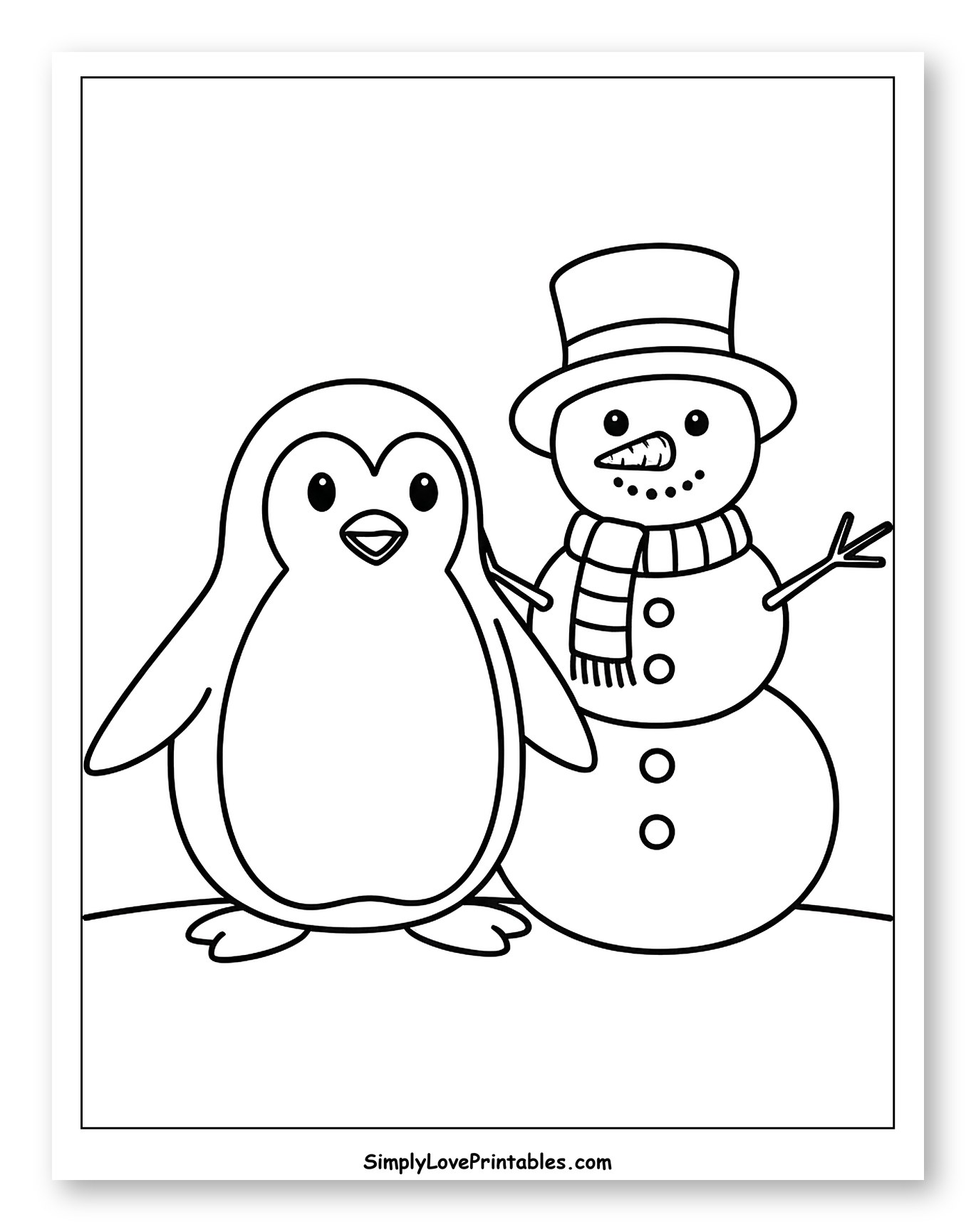 Penguin and Snowman Standing Together Coloring Page for Toddlers