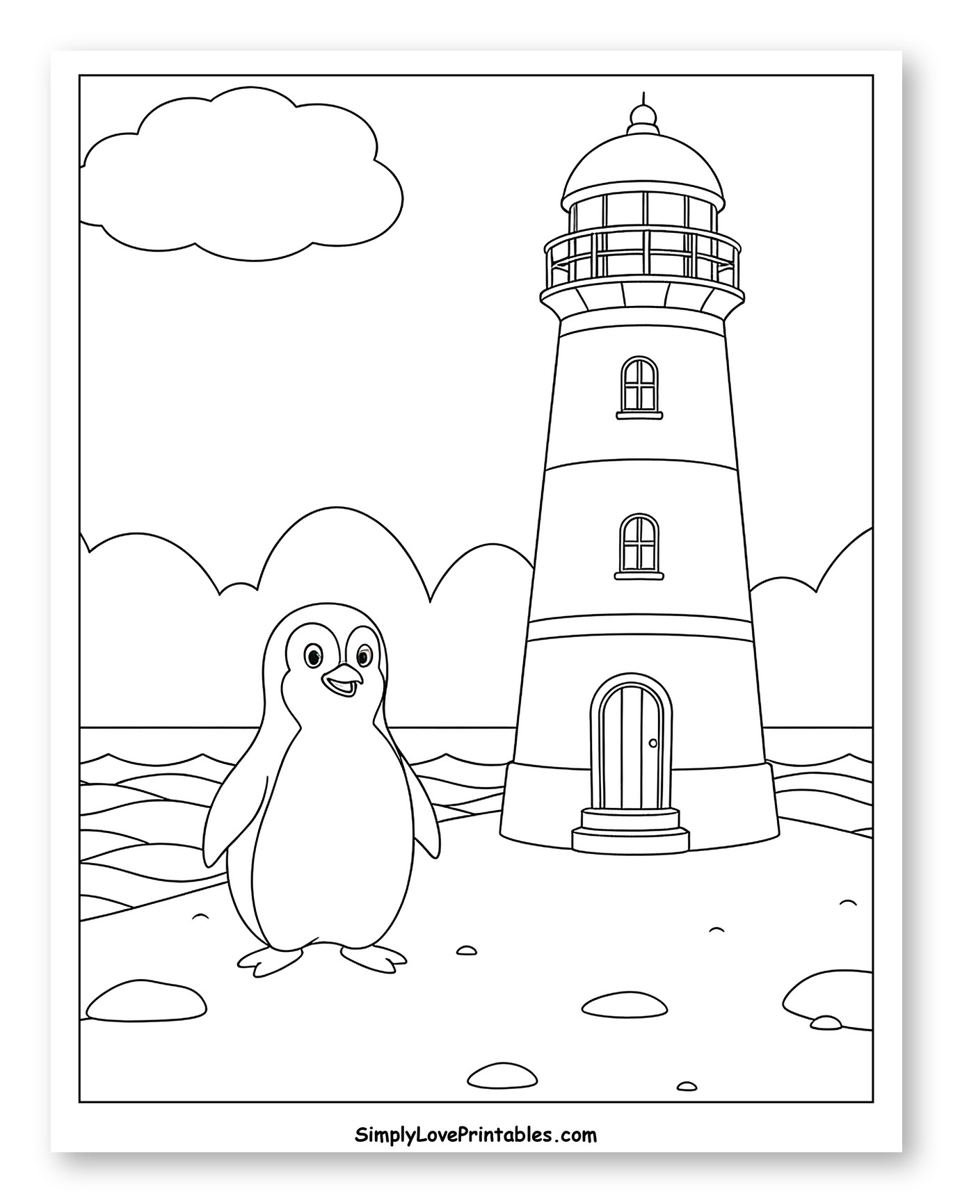 Penguin at the Beach with a Lighthouse to Color for Kids